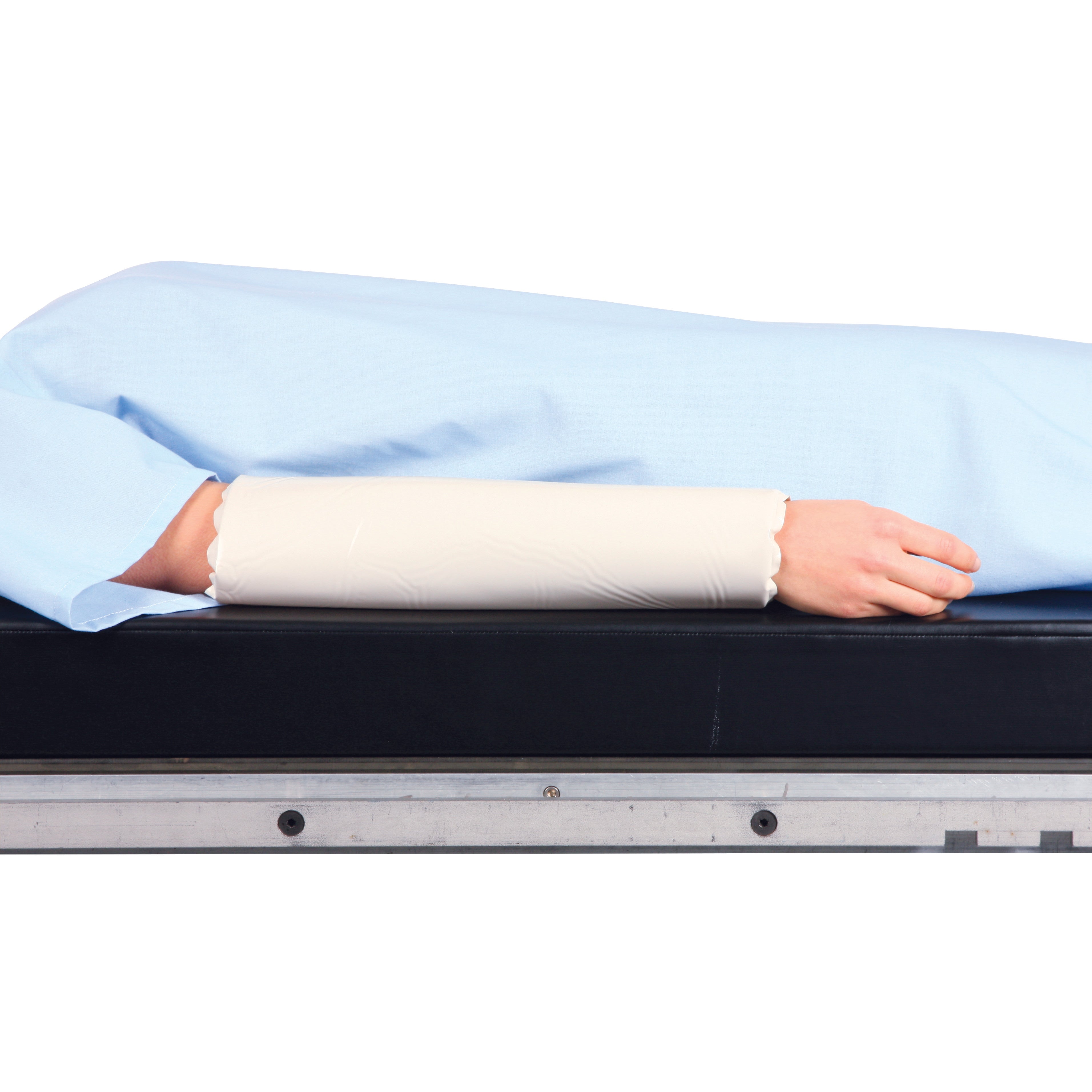 Person on a table with the AliMed AliGel Rectangular Ulnar/Brachial Nerve Protector on their arm. The protector is beige.