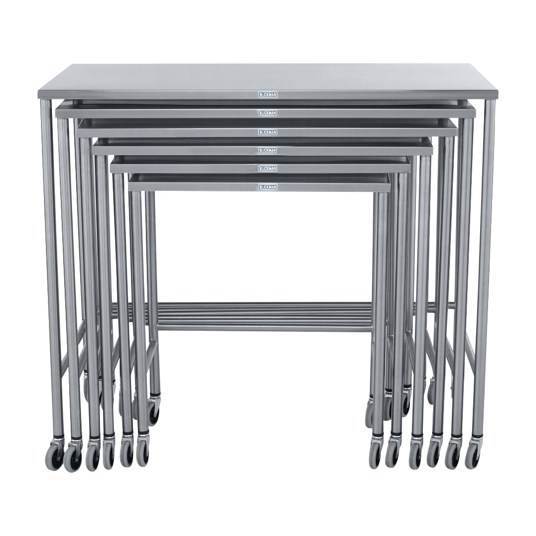 Six Blickman Nested Instrument Tables, in a set, are shown on wheels, stacked to fit within each other.