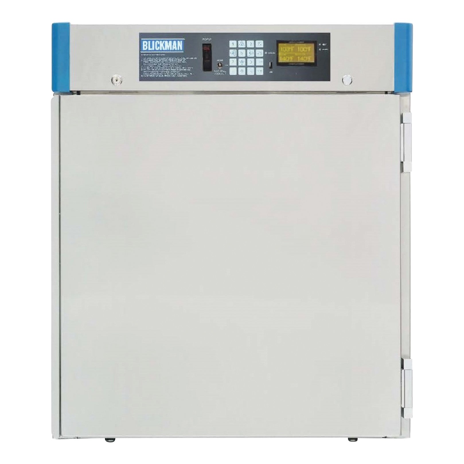 Blickman 2-Shelf Digital Warming Cabinet with a digital control panel and blue accents on a silver frame.