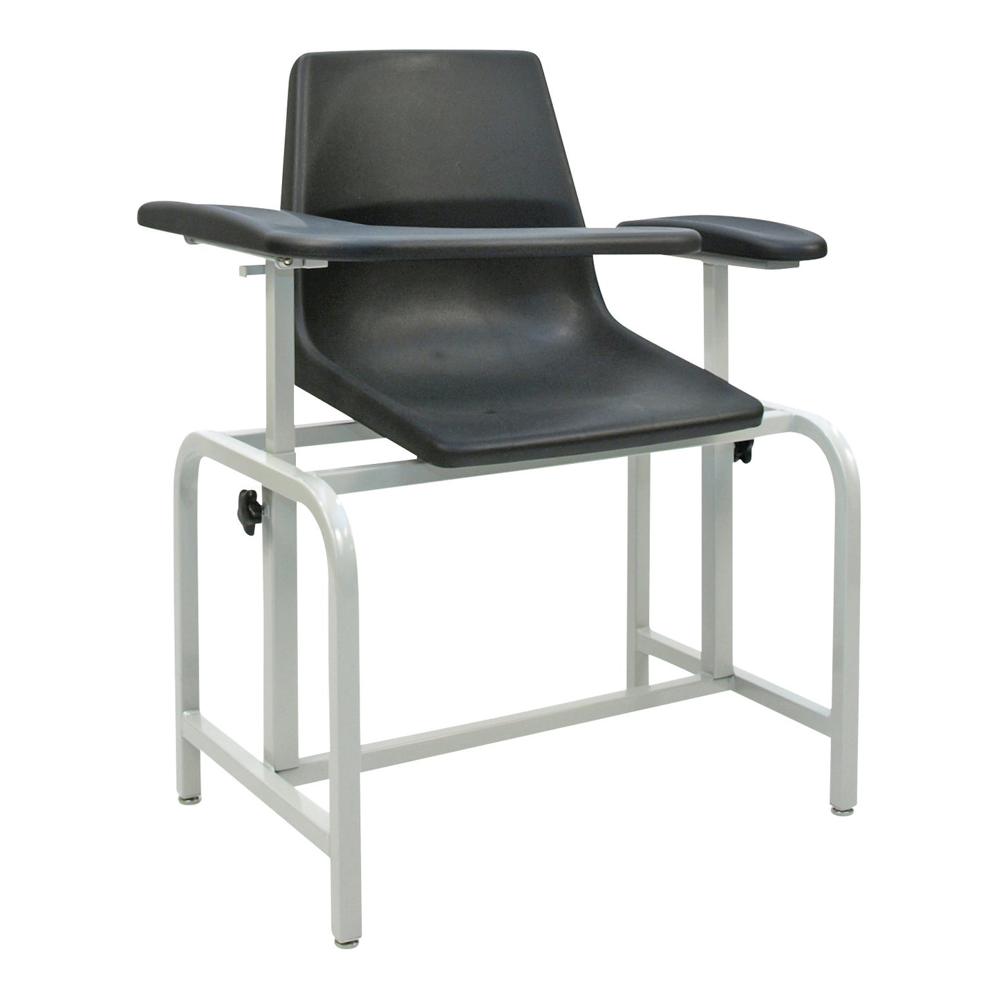 A Winco Blood Drawing Chair with a black seat and armrests supported by a white metal frame, designed for medical settings.