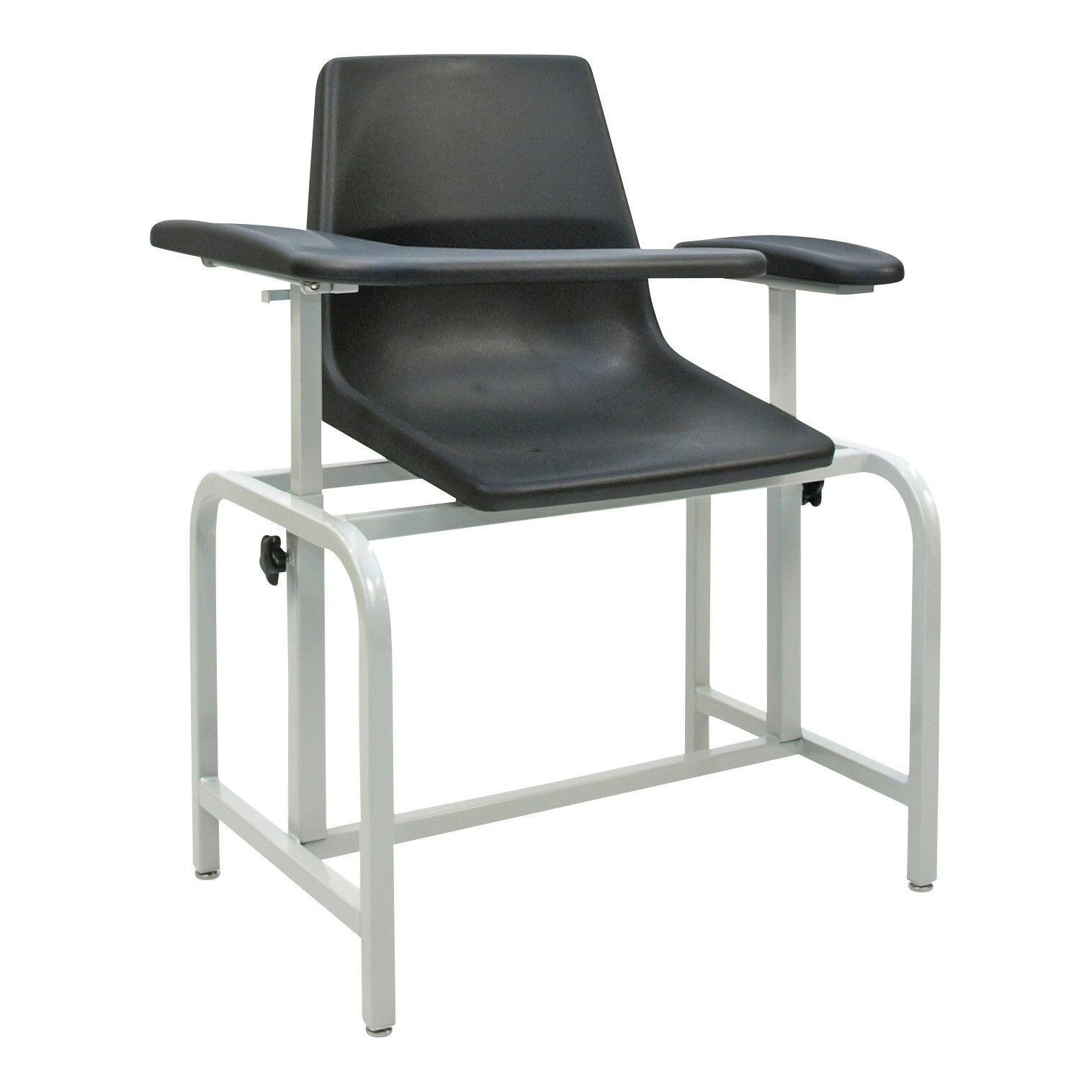 A Winco Blood Drawing Chair with a black seat and armrests supported by a white metal frame, designed for medical settings.