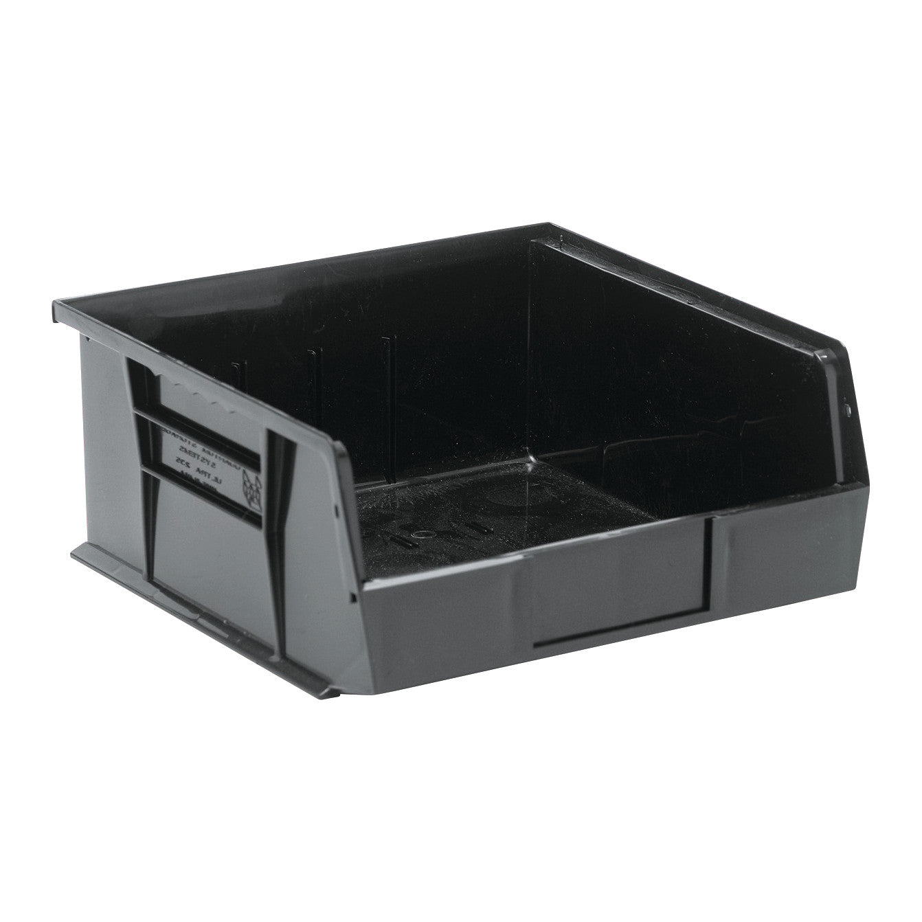 A black Quantum Ultra Stack and Hang Bin with an open front and high sides for storage and organization.
