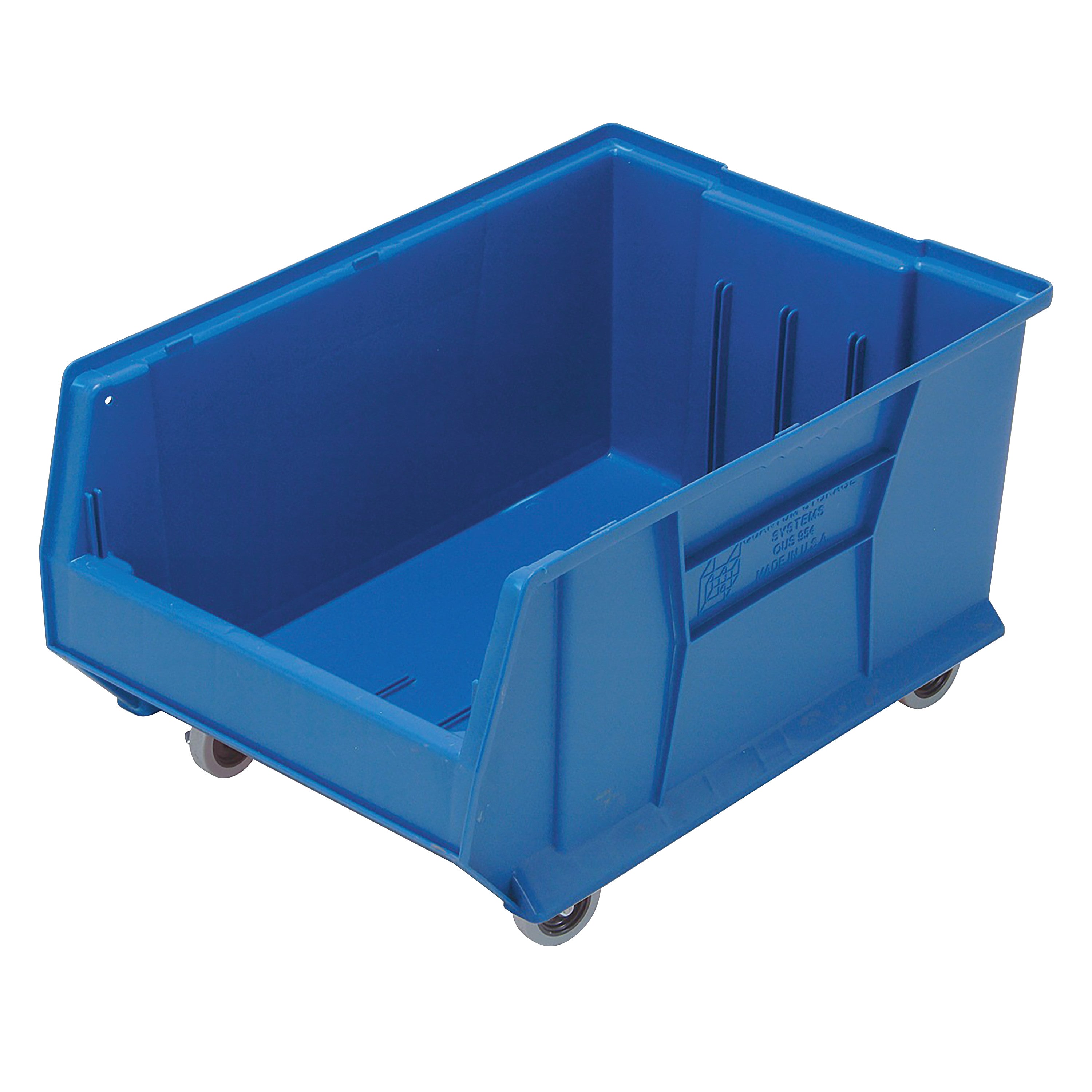 Blue Quantum Mobile Hulk Container with an open top and wheels for mobility. It features a solid structure suitable for storage.