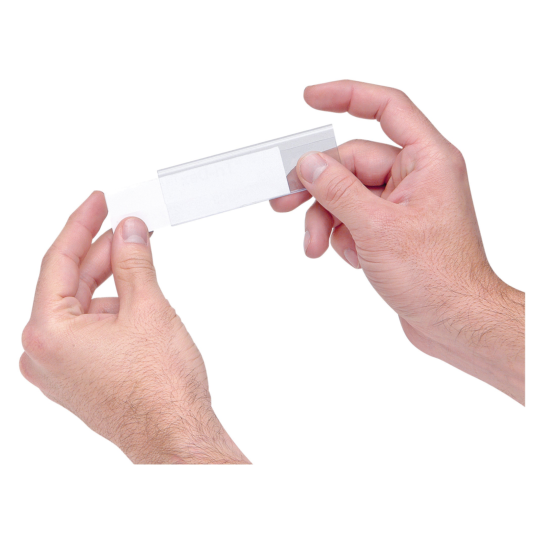 Two hands holding a Clear Label Holder and Laser Label Insert for Quantum Economy Shelf Bin against a white background.