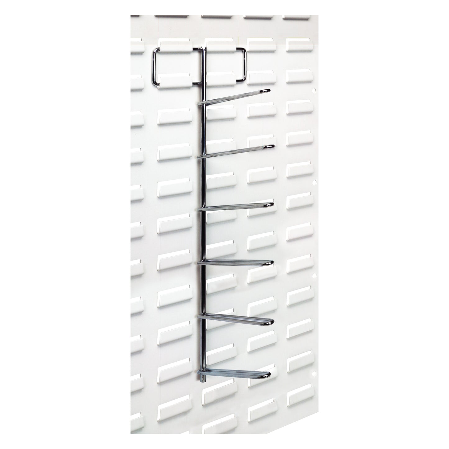 Tape/Reel Holder for Quantum Solid Louvered Panel, featuring a metal rack with multiple prongs mounted on a white panel.