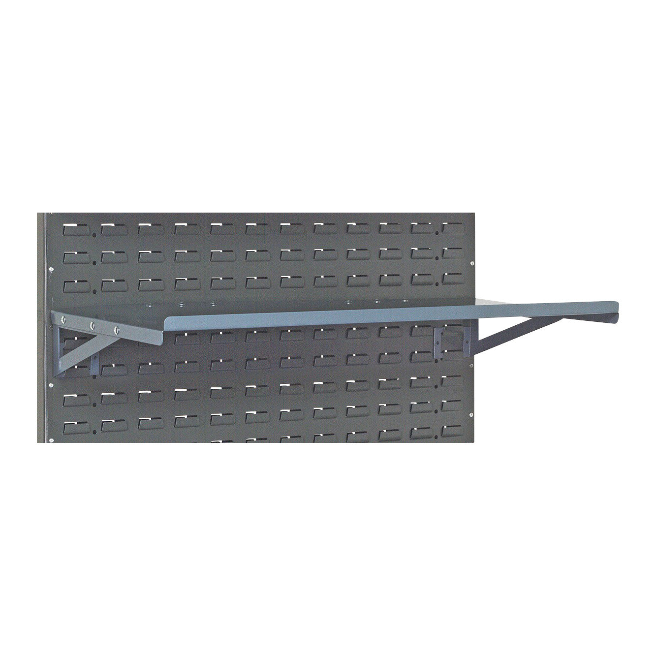 A metal Flat Shelf for Quantum Solid Louvered Panel, mounted on a dark perforated panel with support brackets.