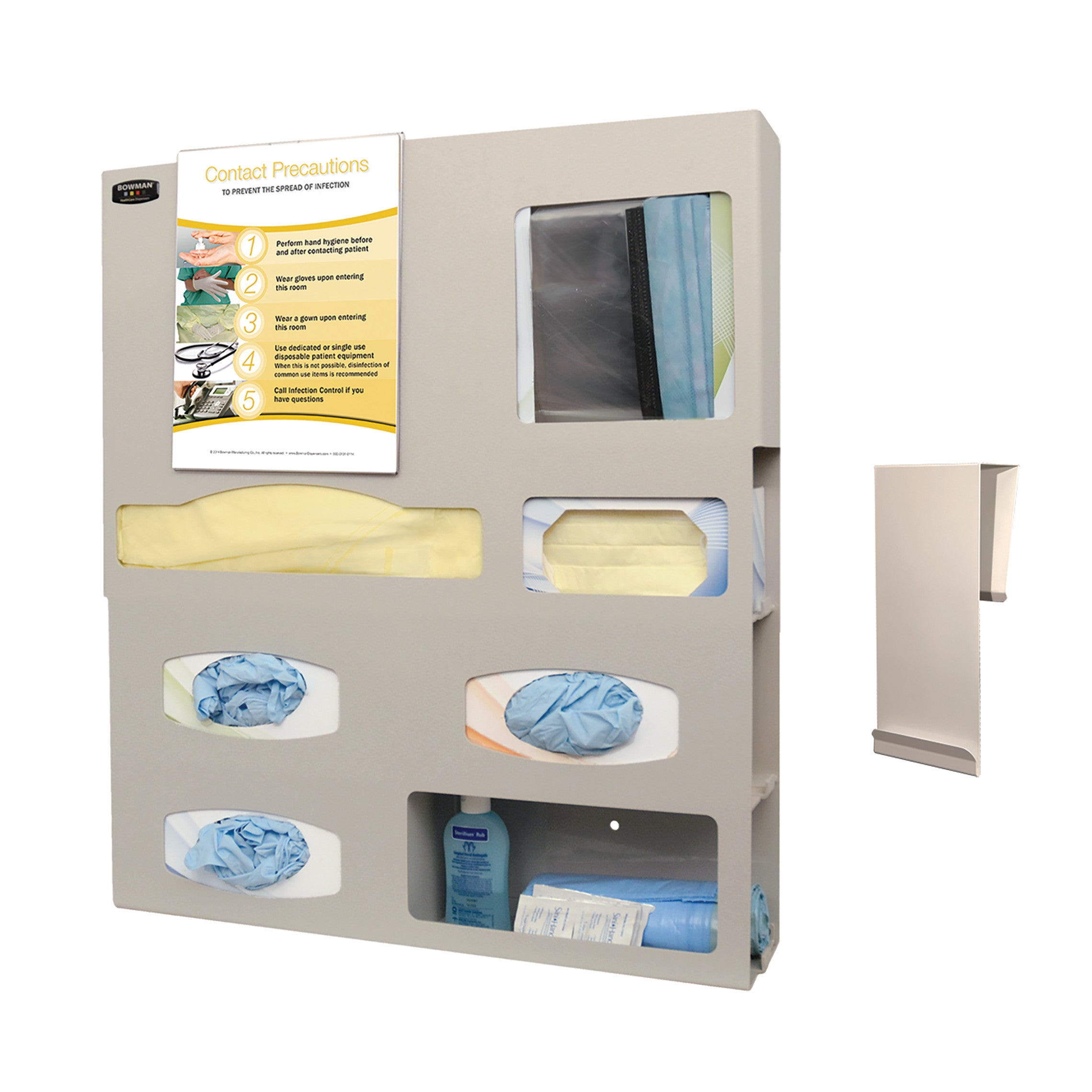 Bowman Tri-Glove Single-Gown ABS Isolation Station holds gowns, gloves, and sanitizer, with a contact precautions sign.