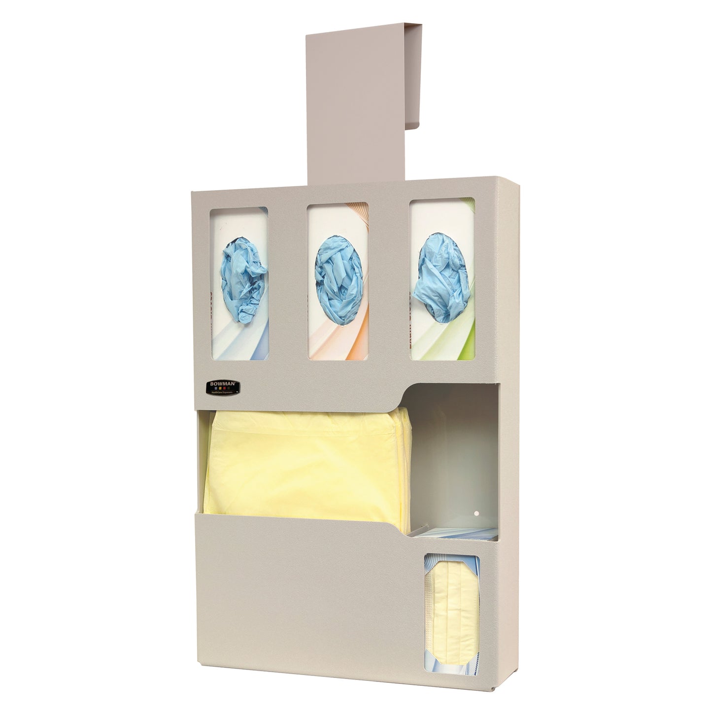 Bowman Tri-Glove ABS Isolation Station with glove holders and storage for protective gowns, designed for efficient medical use.