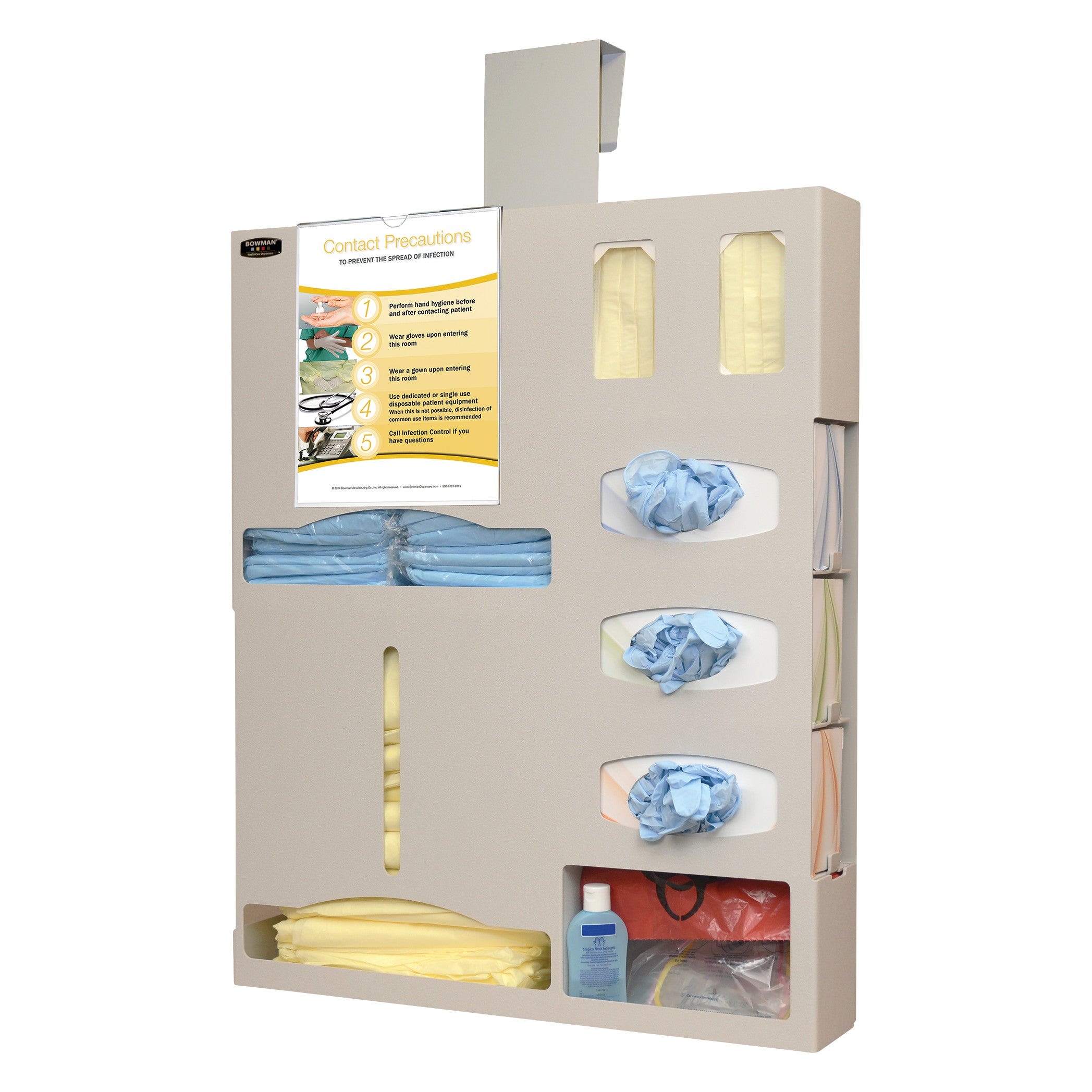 Bowman Tri-Glove Double-Gown ABS Isolation Station holds gloves, gowns, a face mask, and sanitizer, mounted with precaution signs.