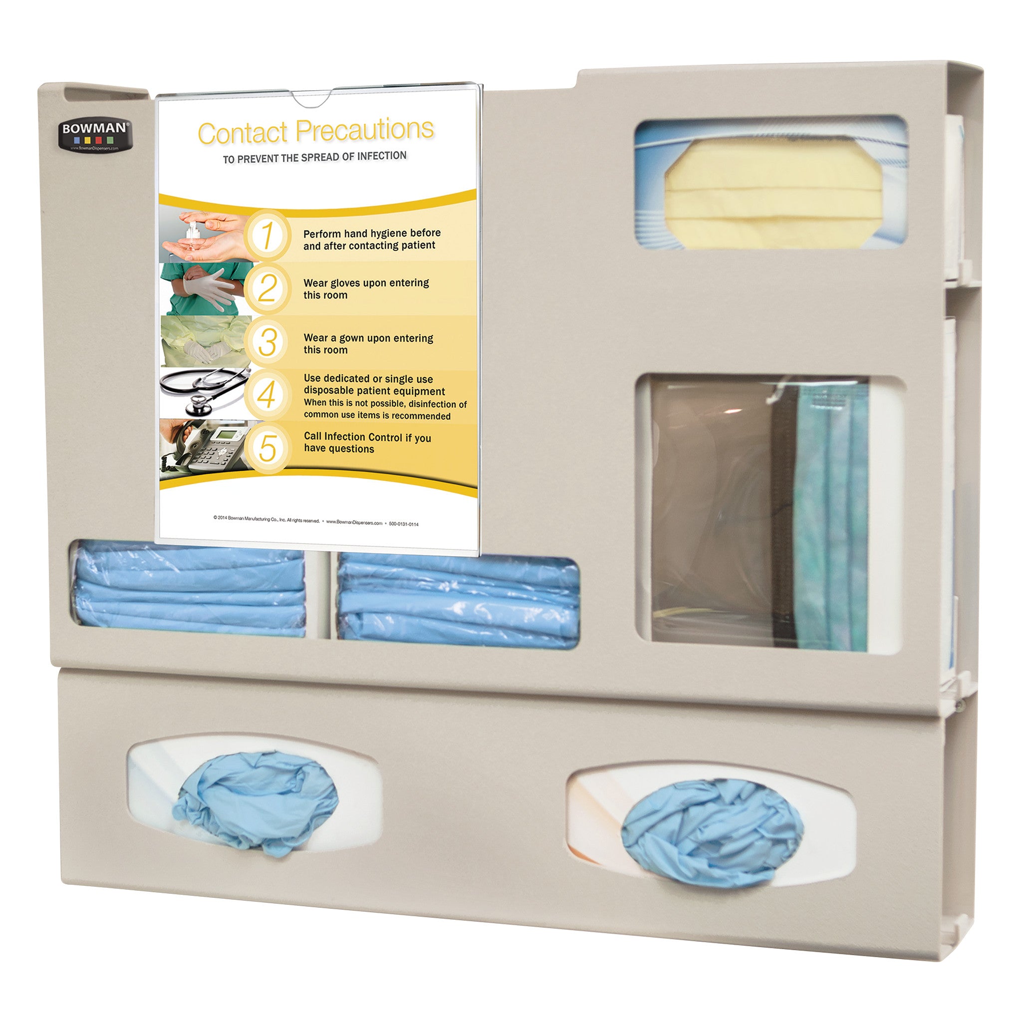 Bowman Double-Glove Single-Gown ABS Isolation Station with compartments for masks, gloves, and gowns, featuring contact precautions info.