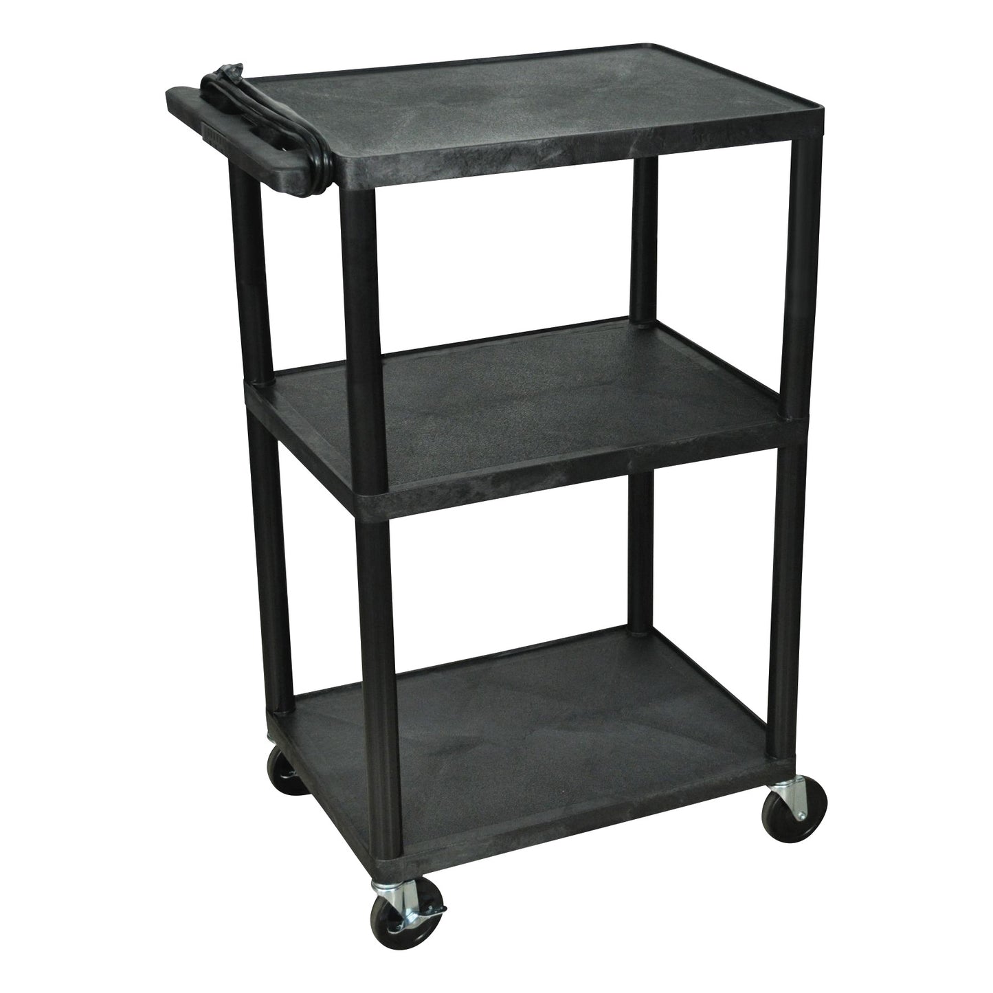 A black 3-Shelf Podiatry Cart with wheels and a handle for easy movement. It features three sturdy shelves for storage.