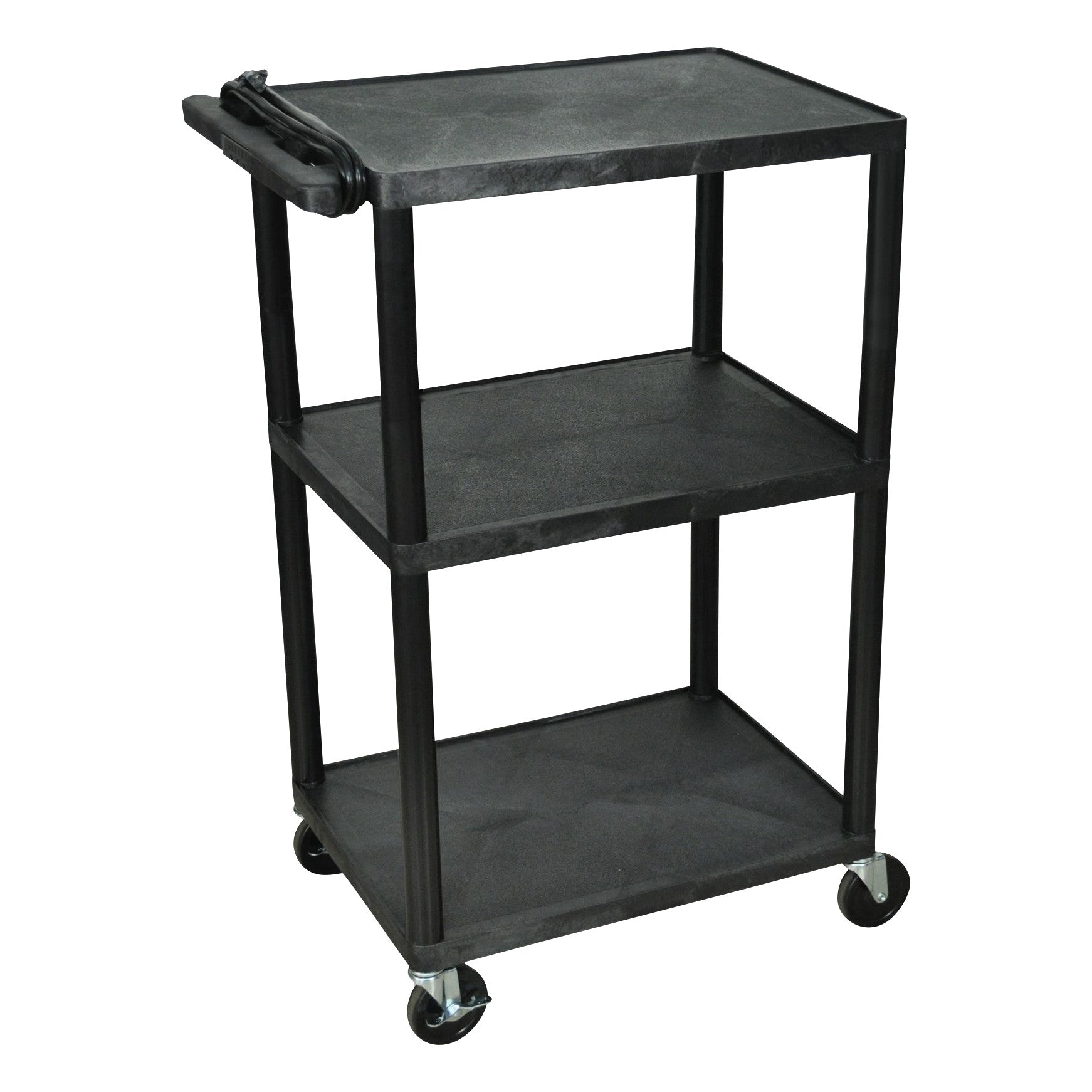 A black 3-Shelf Podiatry Cart with wheels and a handle for easy movement. It features three sturdy shelves for storage.
