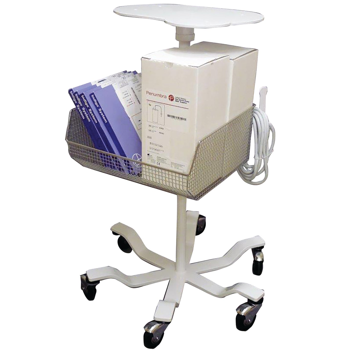 A mobile storage cart for the Penumbra Thrombectomy System with a wire basket and a flat top. It has five wheels on the base.