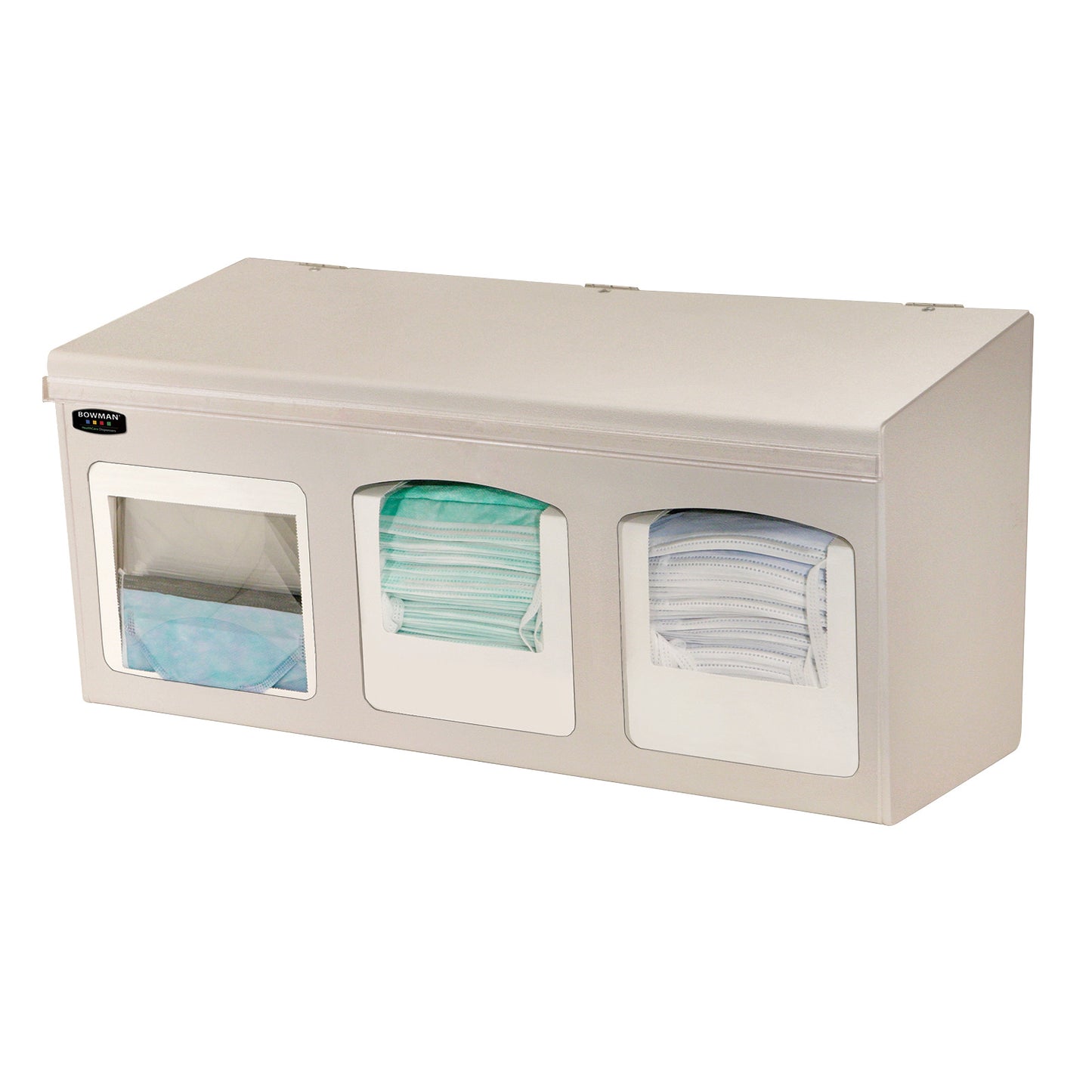 Bowman Triple ABS Surgical Face Mask Dispenser with three compartments containing different colored masks, made of white material.