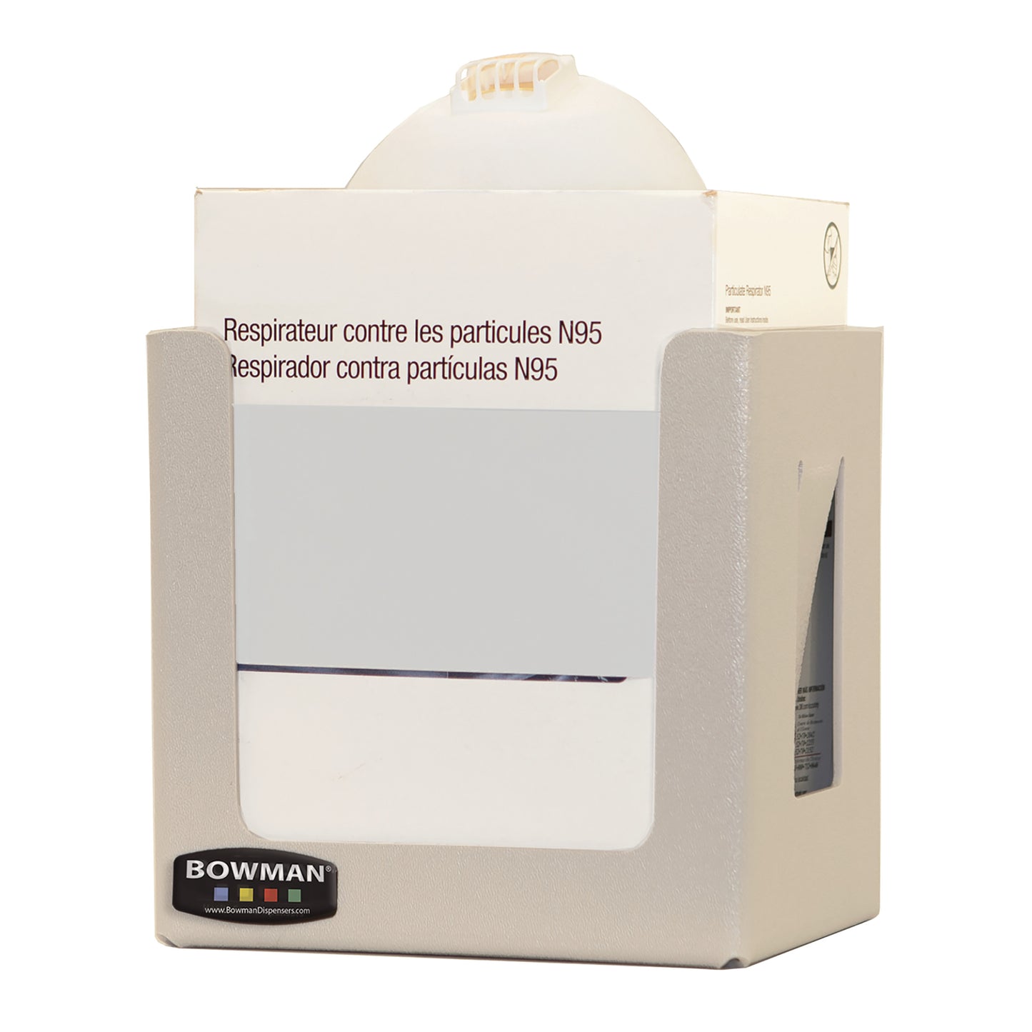 Bowman Universal Cone-Style Face Mask Dispenser holds a box of N95 masks. It is beige with a clear window on the front.