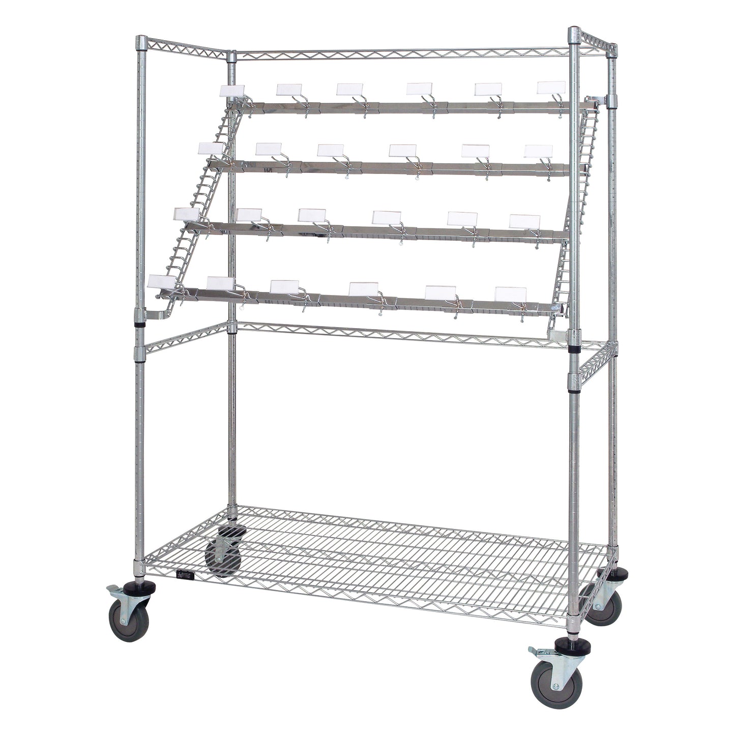 Quantum Storage Catheter Hold and Store Cart, a metal wire cart with angled racks for hanging and storing catheters, on wheels.