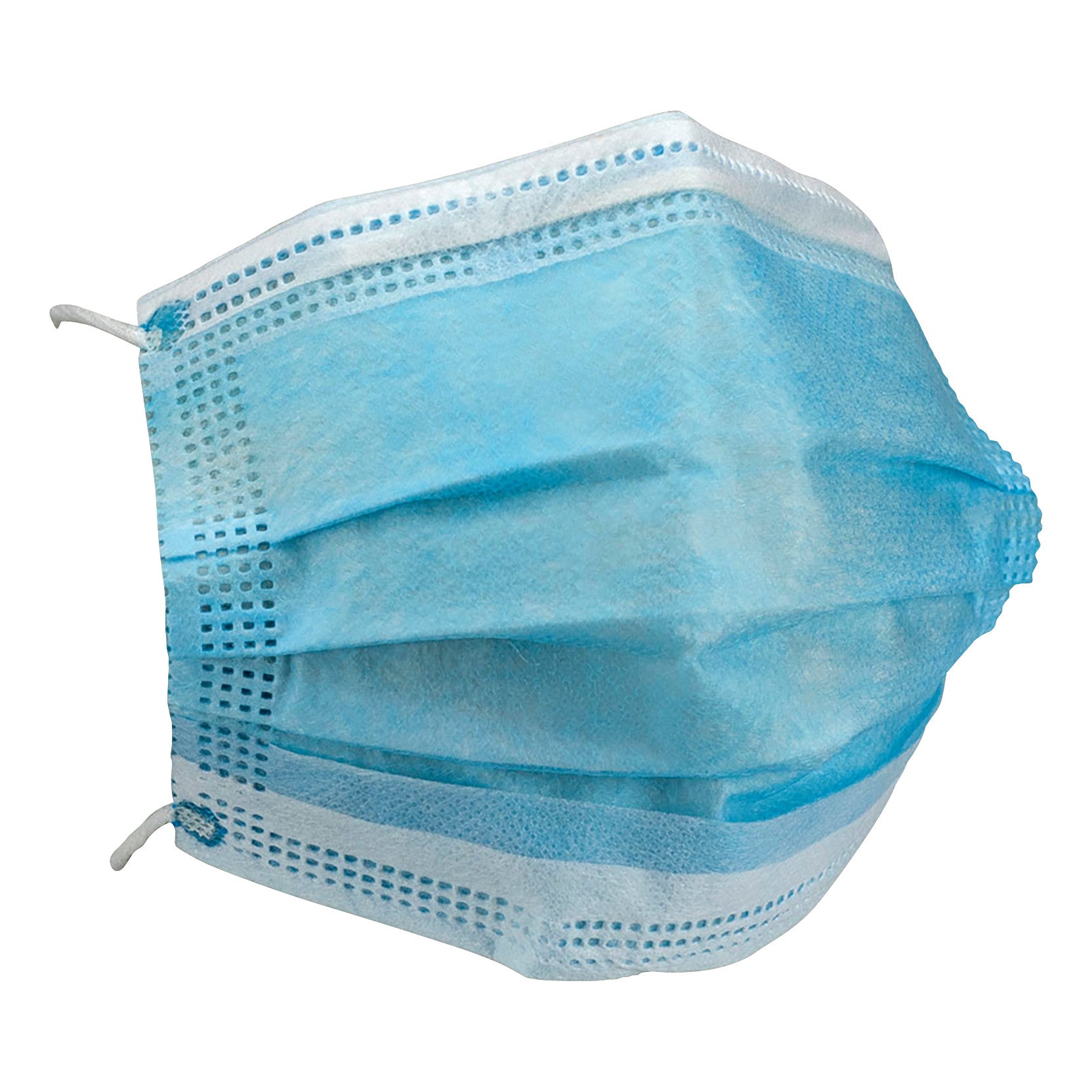 A blue Strapit Surgimask Disposable Face Mask with ear loops, shown from the side.