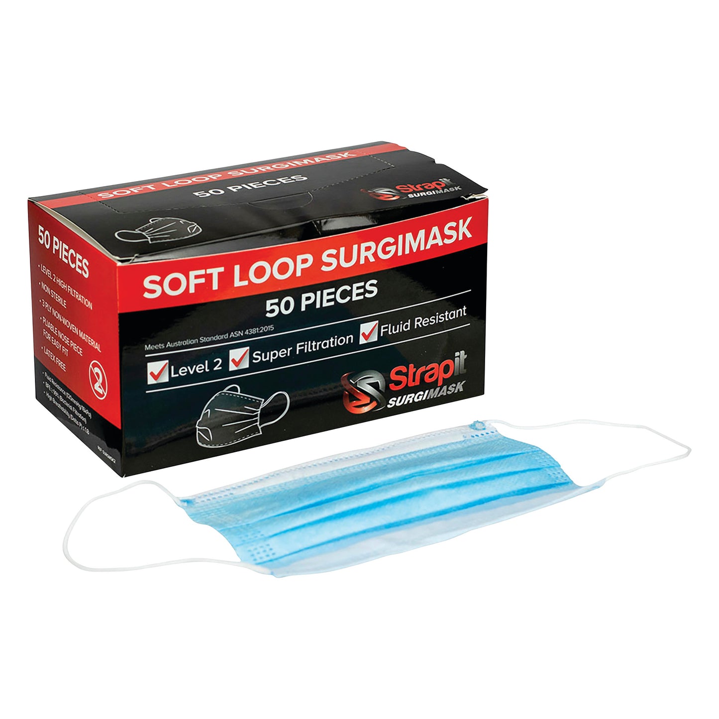 Box of Strapit Surgimask Disposable Face Masks with a single blue mask shown. The box contains 50 pieces.