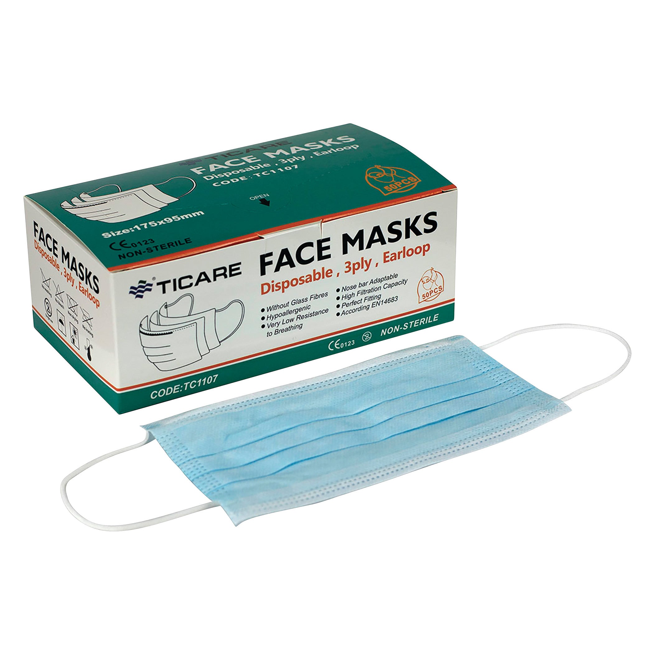 Box of Ticare 3-Ply Disposable Face Masks with an earloop design. One mask is displayed in front of the box.