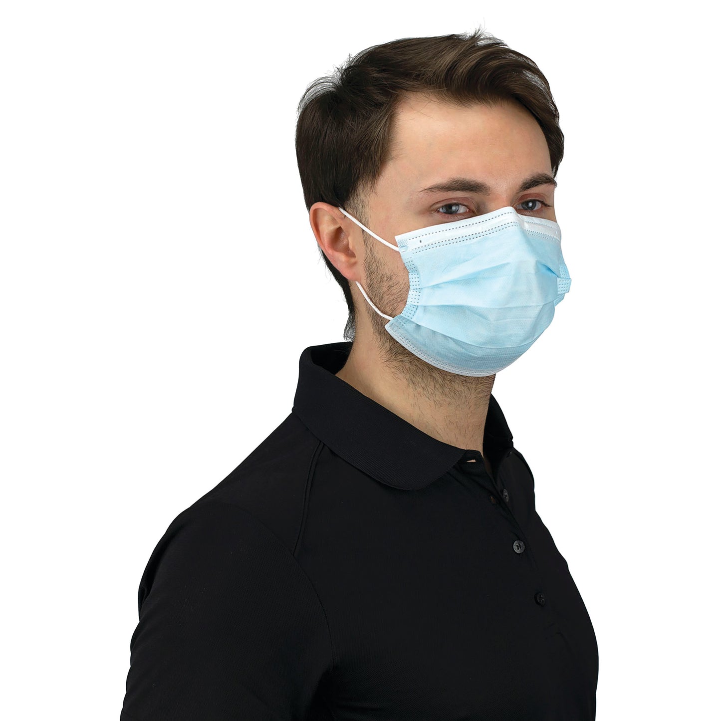 Man wearing a Ticare 3-Ply Disposable Face Mask. The mask is blue, covering the nose and mouth. He's dressed in a black shirt.