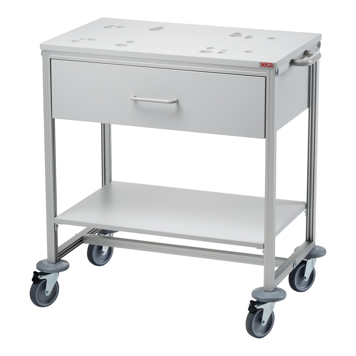 A white Seca 403 Mobile Cart for Baby Scale with a handle, drawer, lower shelf, and four swivel wheels.