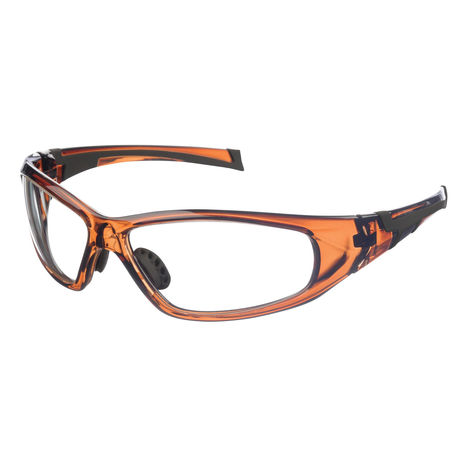 Orange 98 Superlite Wraparound Radiation Protection Glasses with black accents, featuring a sleek, sporty design and clear lenses.