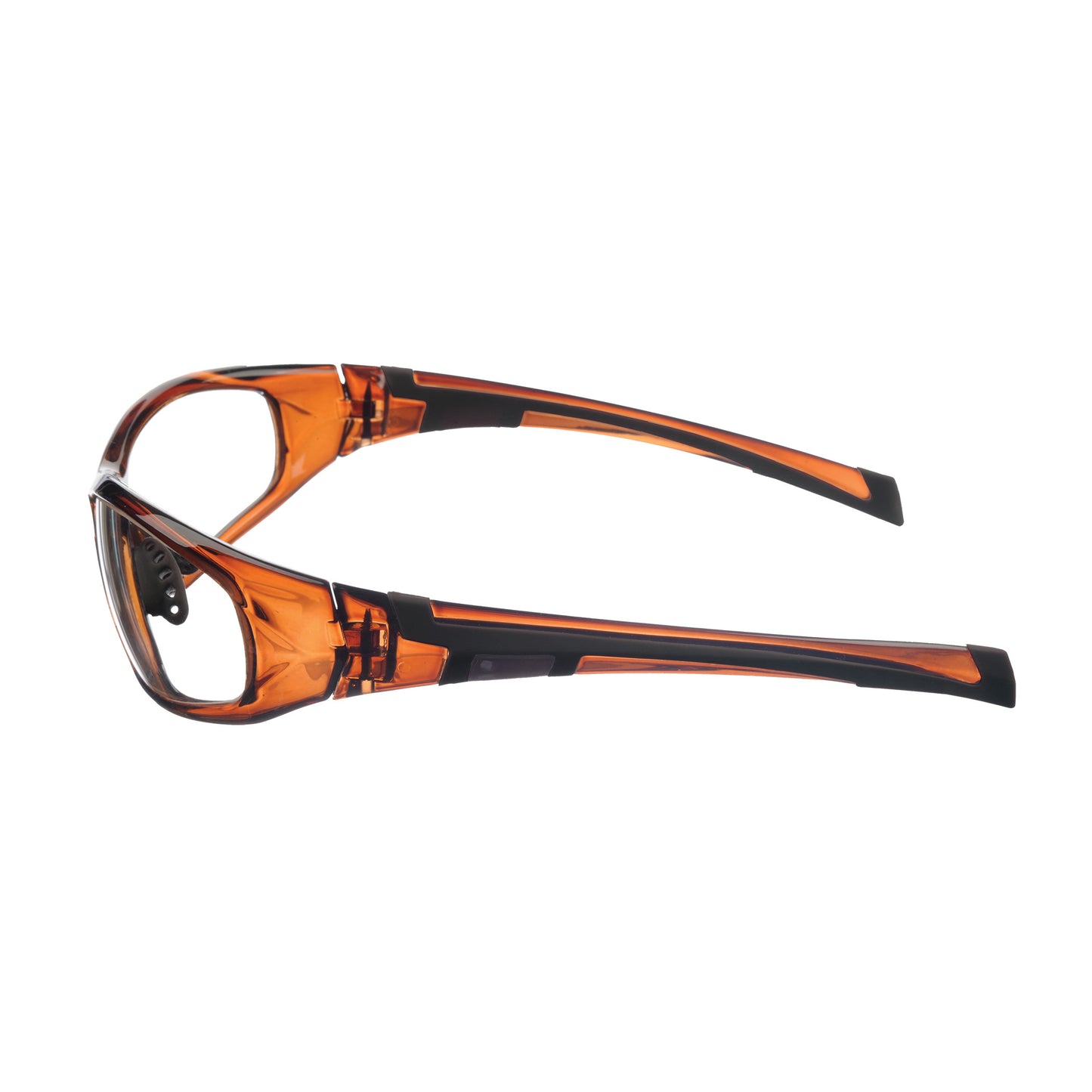 Side view of 98 Superlite Wraparound Radiation Protection Glasses with transparent amber frames and black accents.