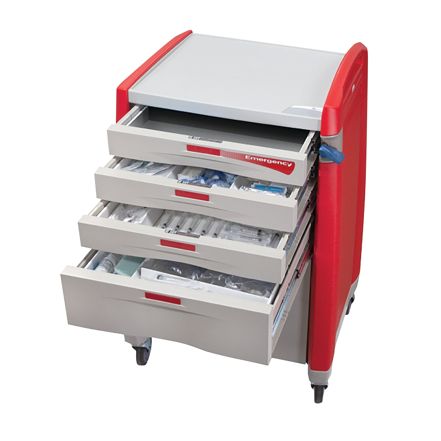Patient-Ready Loaded 6-Drawer Emergency Crash Cart with Drawer Refill Kits, featuring open drawers filled with medical supplies.