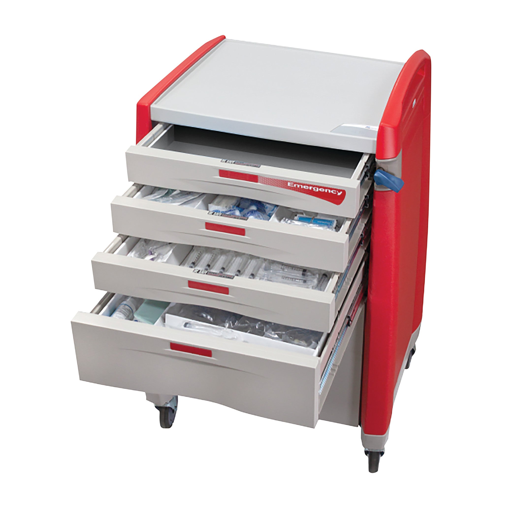 Patient-Ready Loaded 6-Drawer Emergency Crash Cart with Drawer Refill Kits, featuring open drawers filled with medical supplies.
