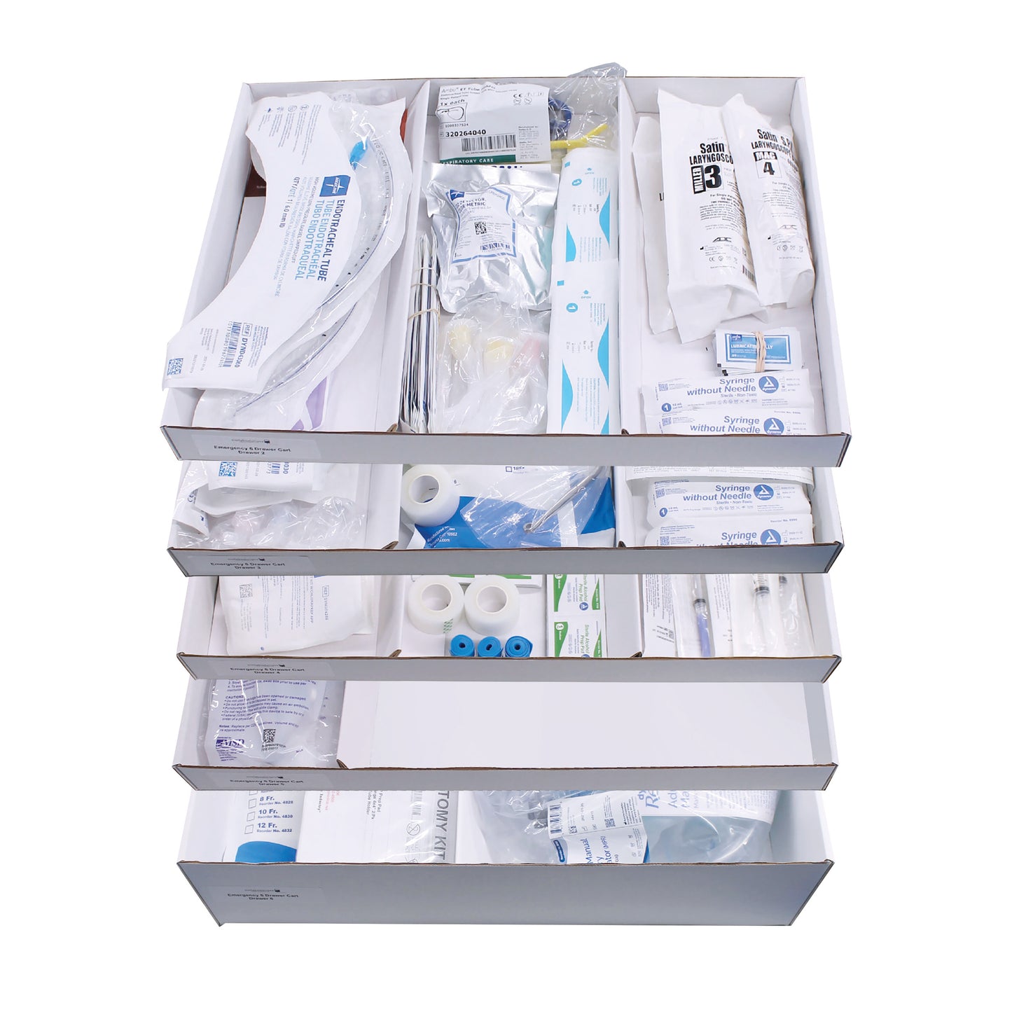 Set of 5 Drawer Refill Kits for Emergency Medical Carts, containing various medical supplies organized in compartments.
