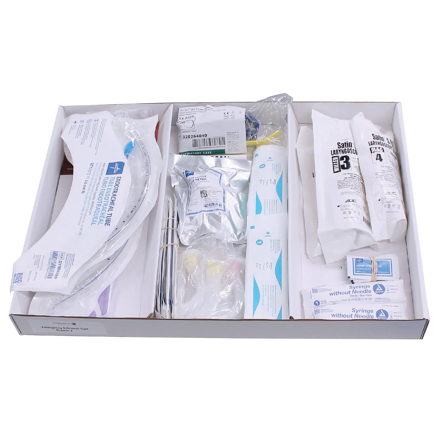 Drawer Refill Kit for Emergency Medical Carts: Adult Intubation Supplies includes endotracheal tubes, syringes, and laryngoscope blades.