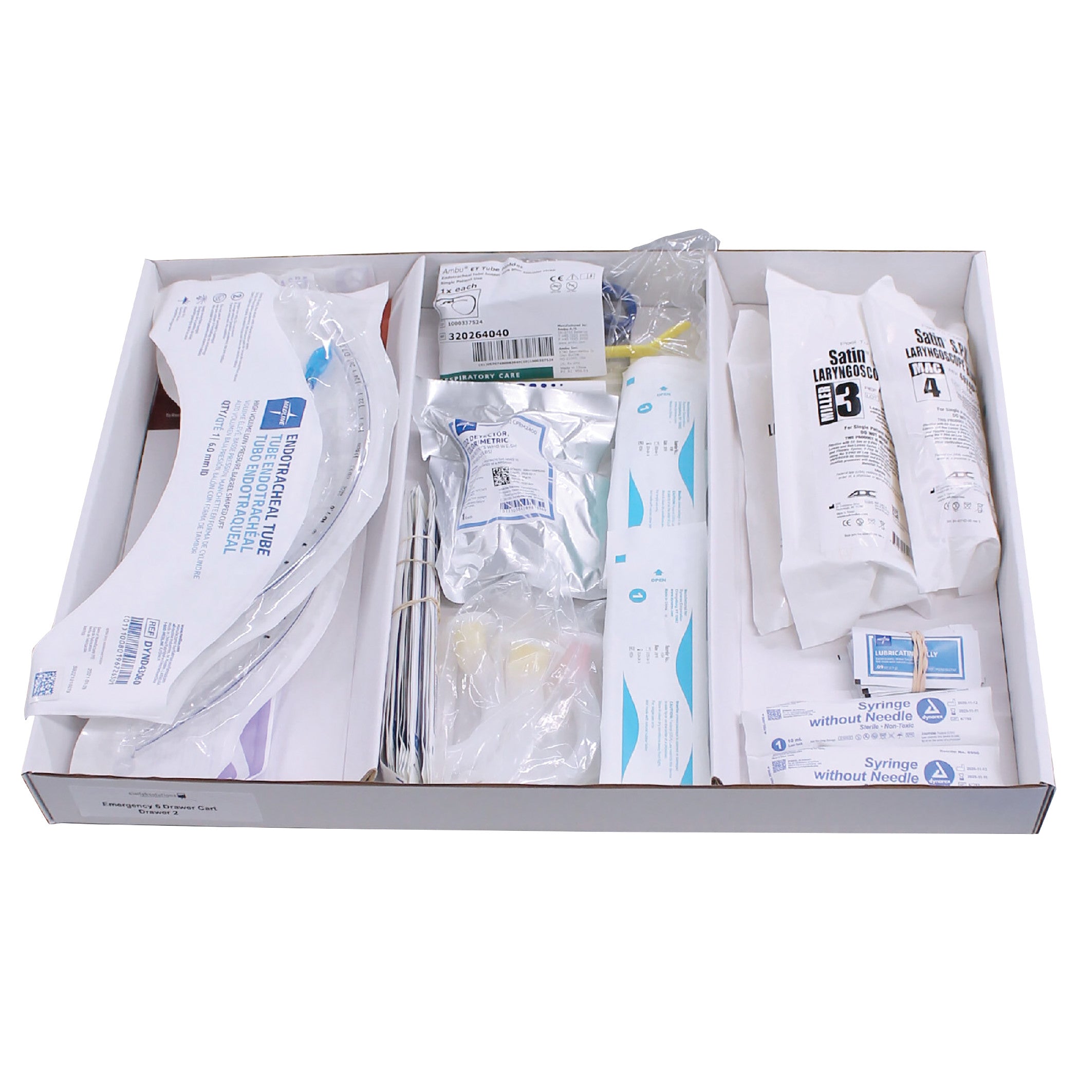 Drawer Refill Kit for Emergency Medical Carts: Adult Intubation Supplies includes endotracheal tubes, syringes, and laryngoscope blades.