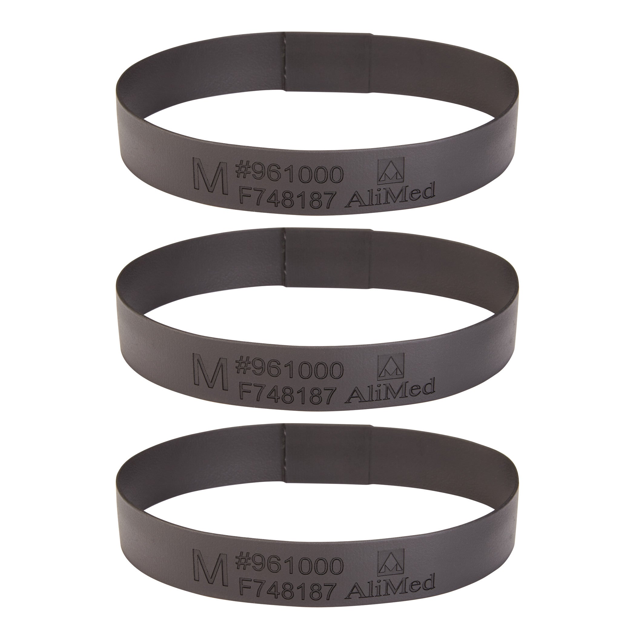 Three black "Medium Loop for AliMed Dialysis Arm Positioner" bands with product details, arranged vertically.