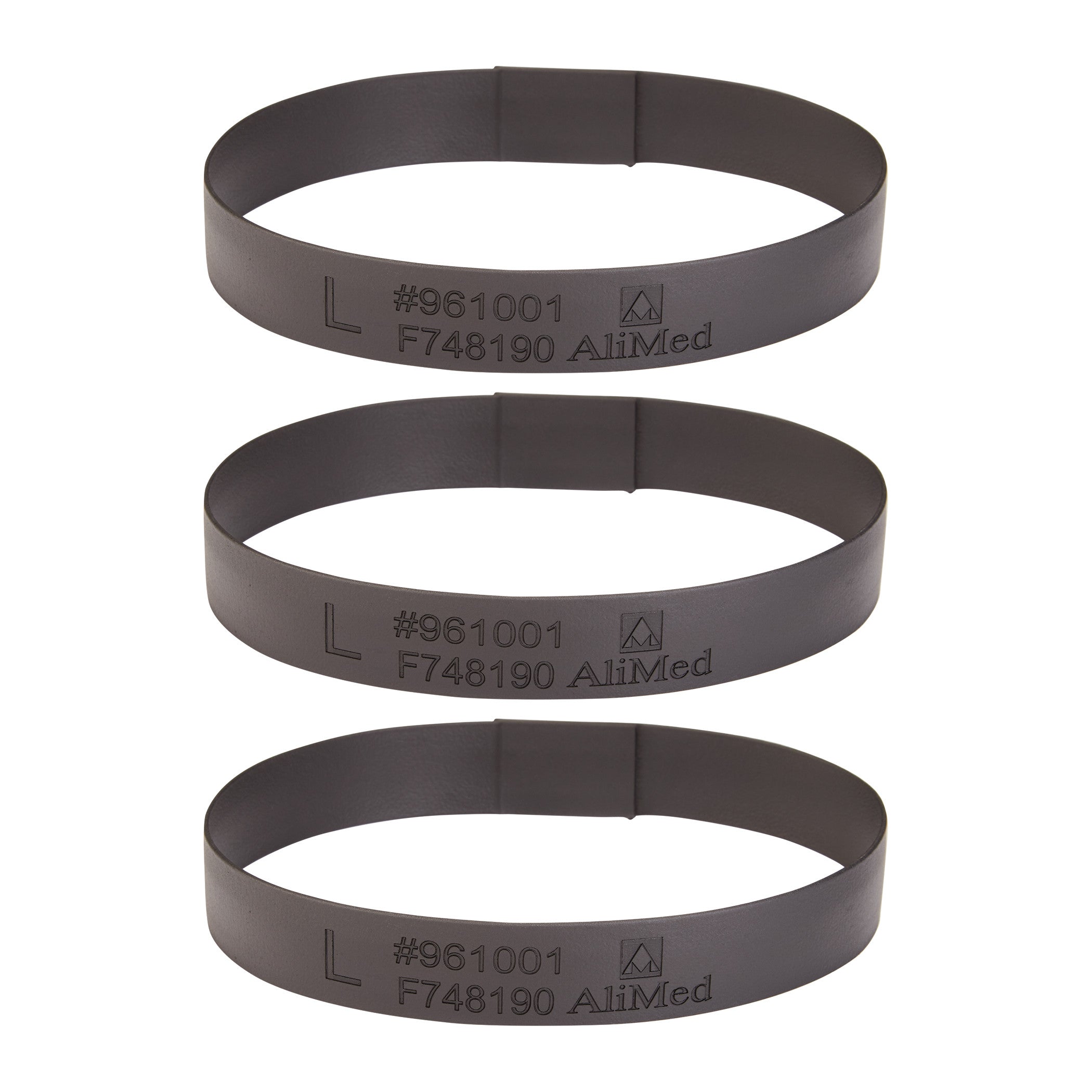 Three Large Loops for AliMed Dialysis Arm Positioner are shown in black, with product details printed on each band.