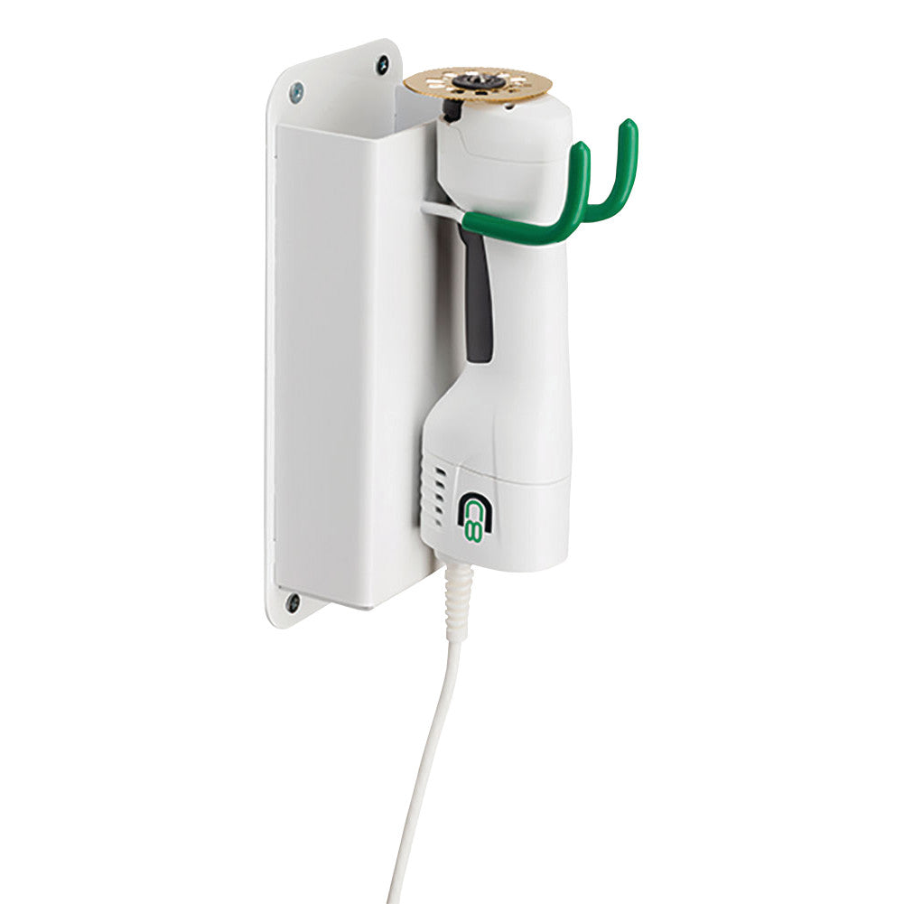 Wall mount accessory designed for the DeSoutter CleanCast CC8 Electric Cast Saw, featuring a white holder and green accents.