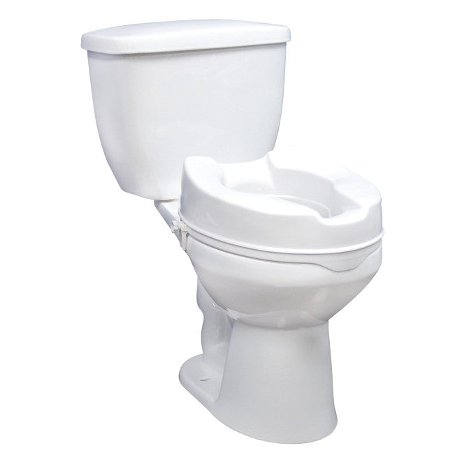 Drive Medical Raised Toilet Seat on a standard white toilet, designed to increase seat height for accessibility and comfort.