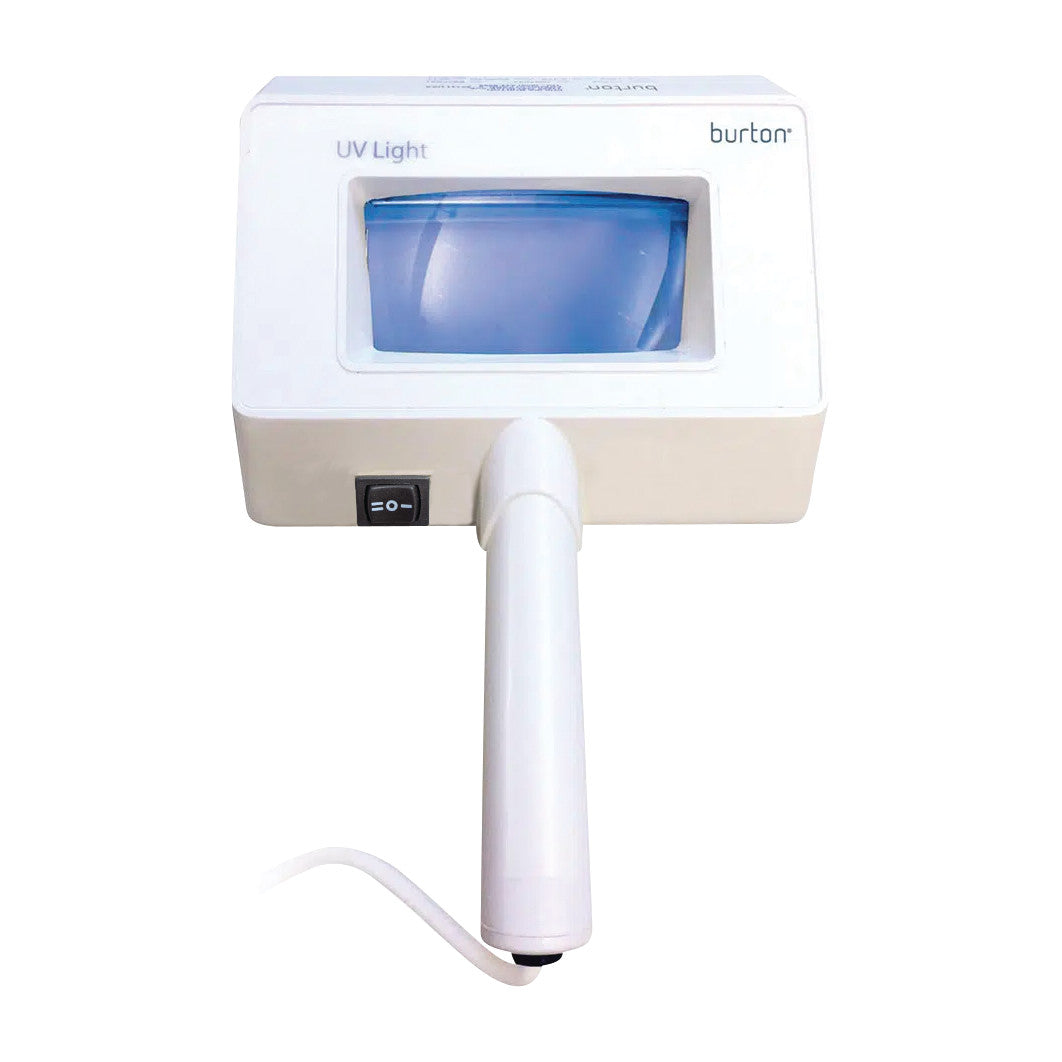 Burton UV and White Light with Magnifier features a handle, magnifying lens, and an on/off switch on a white, rectangular frame.
