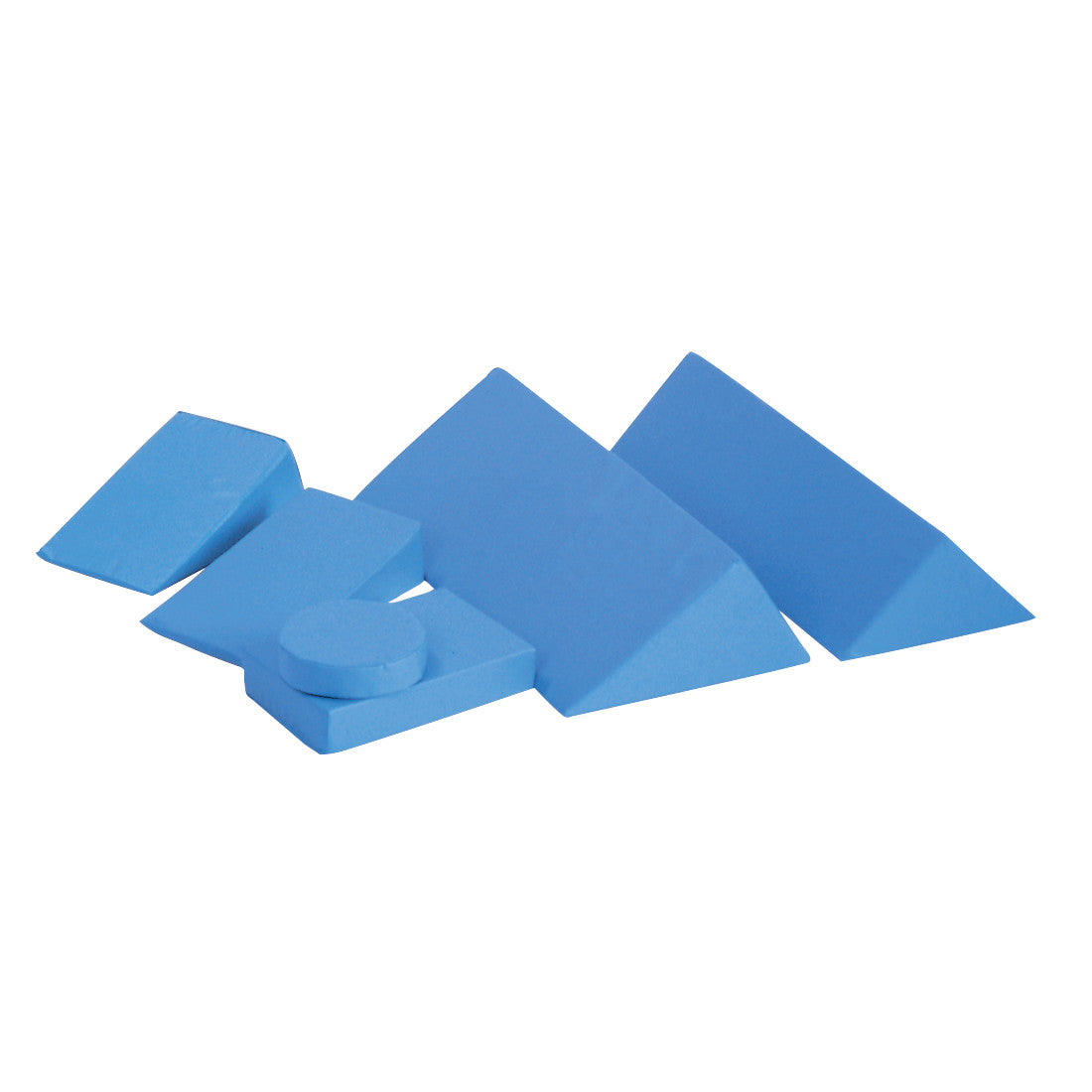 AliMed Blue Vinyl-Covered Positioning Set with various blue foam support shapes for medical use, displayed on a white background.