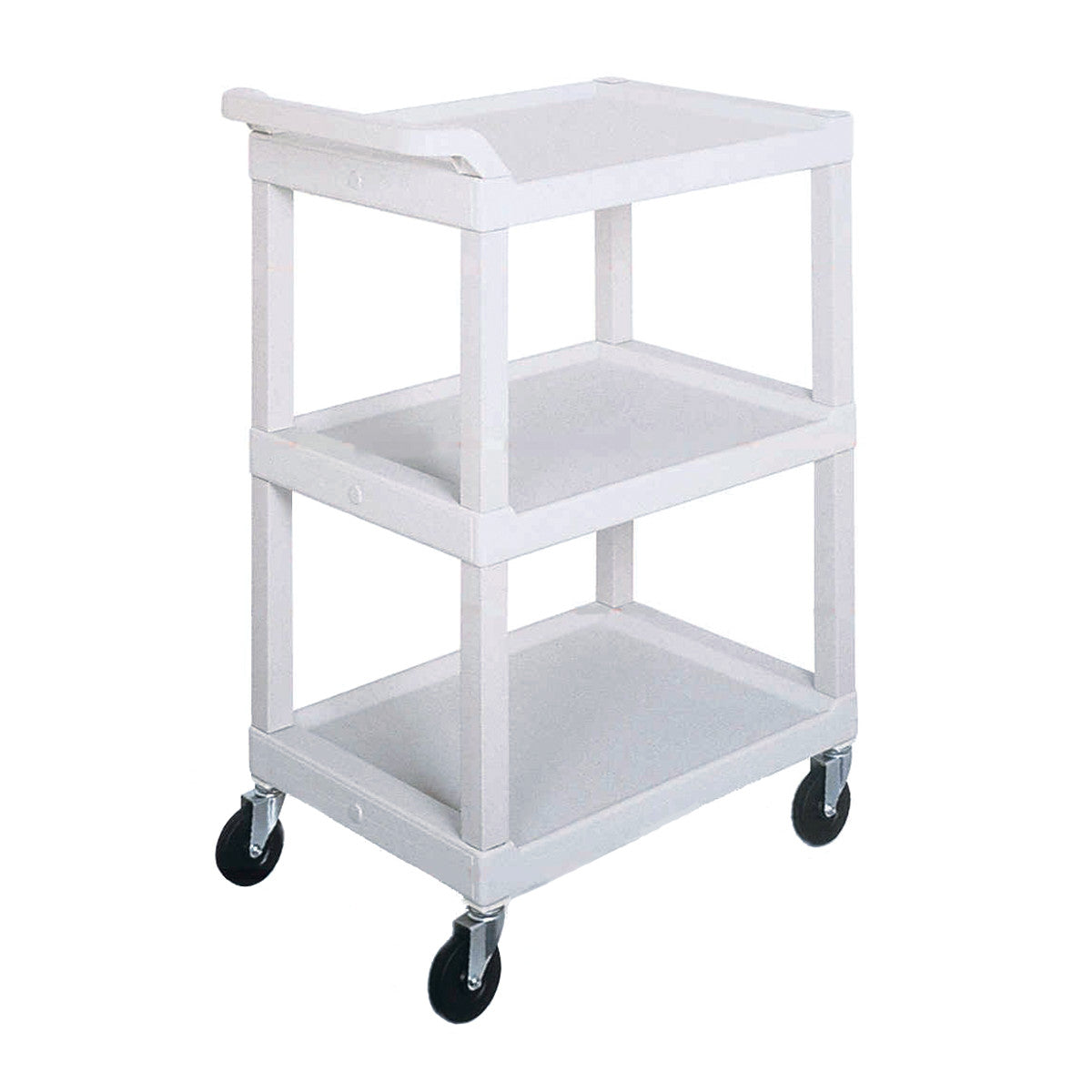 White Lakeside Standard Duty Plastic Utility Cart with three shelves and castor wheels for mobility.