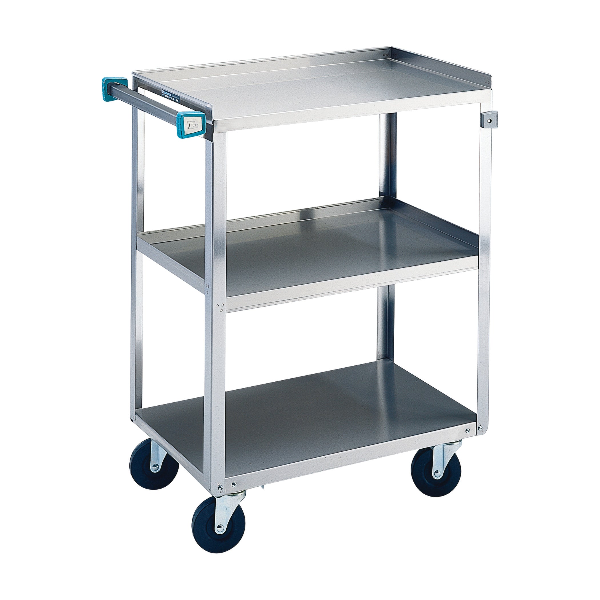 A Lakeside Standard Duty Stainless Steel Utility Cart with three shelves and four wheels for easy mobility.