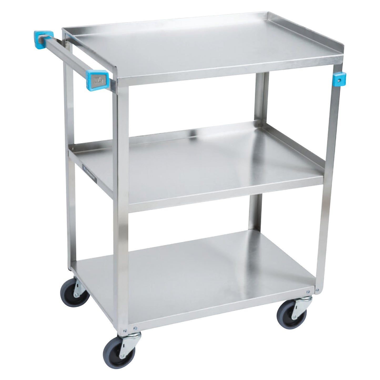 Lakeside Standard Duty Stainless Steel Utility Cart with three shelves and four wheels, featuring side handles with blue accents.