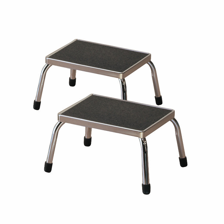 Two AliMed Extra-Strong Footstools with non-slip surfaces and chrome legs are shown. Each has four rubber-tipped legs.