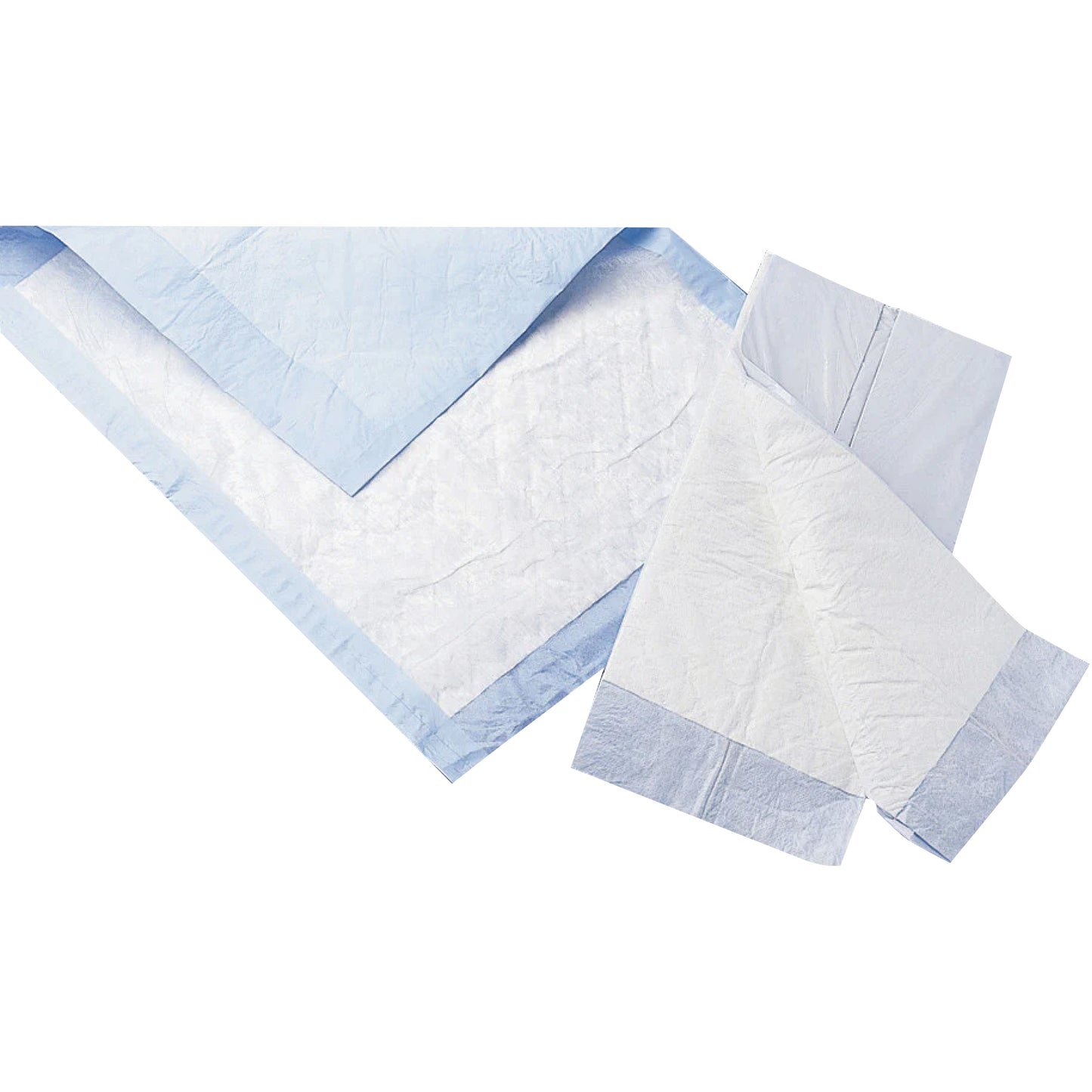 Protection Plus Disposable Underpad, featuring a white absorbent surface and blue backing, partially folded and layered.