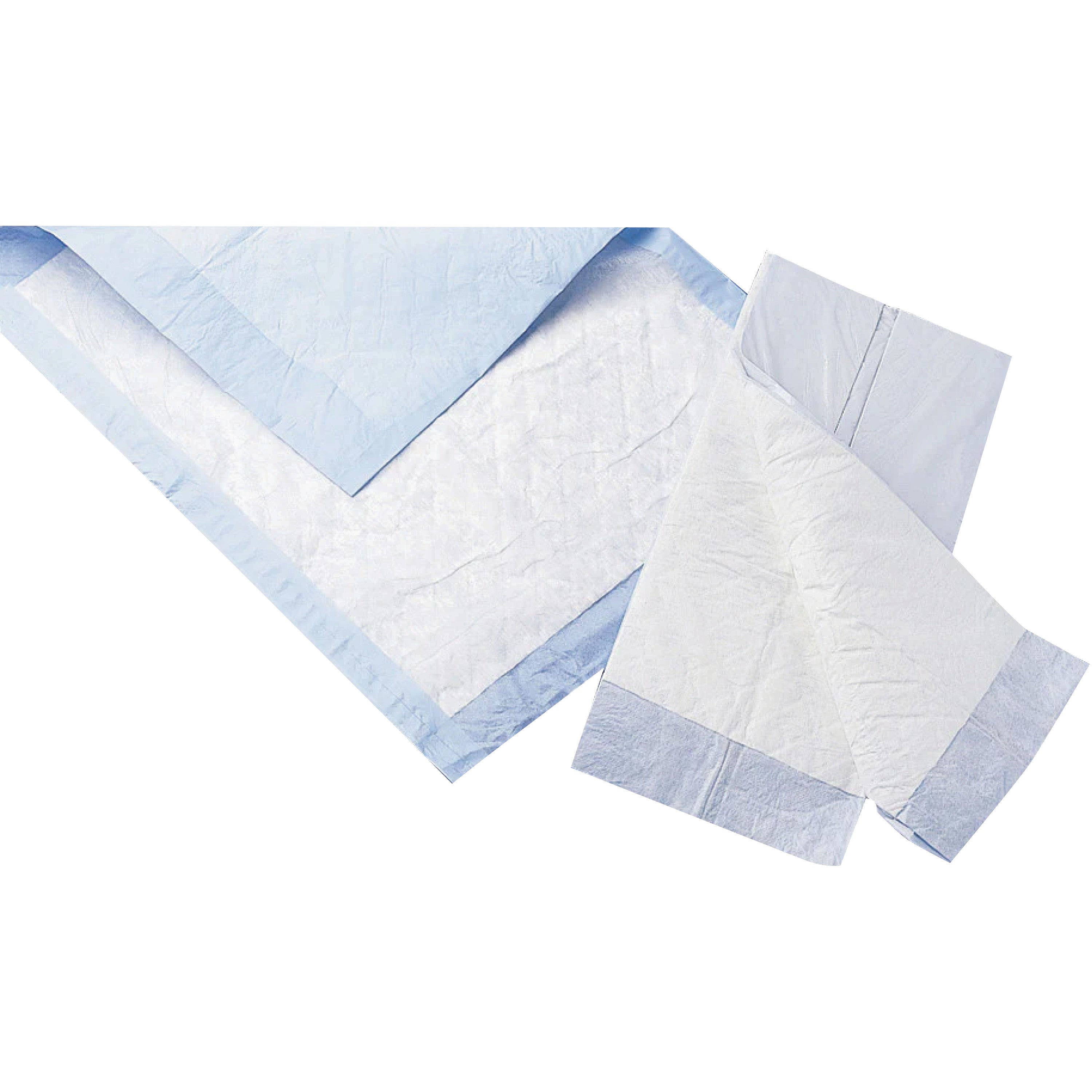 Protection Plus Disposable Underpad, featuring a white absorbent surface and blue backing, partially folded and layered.