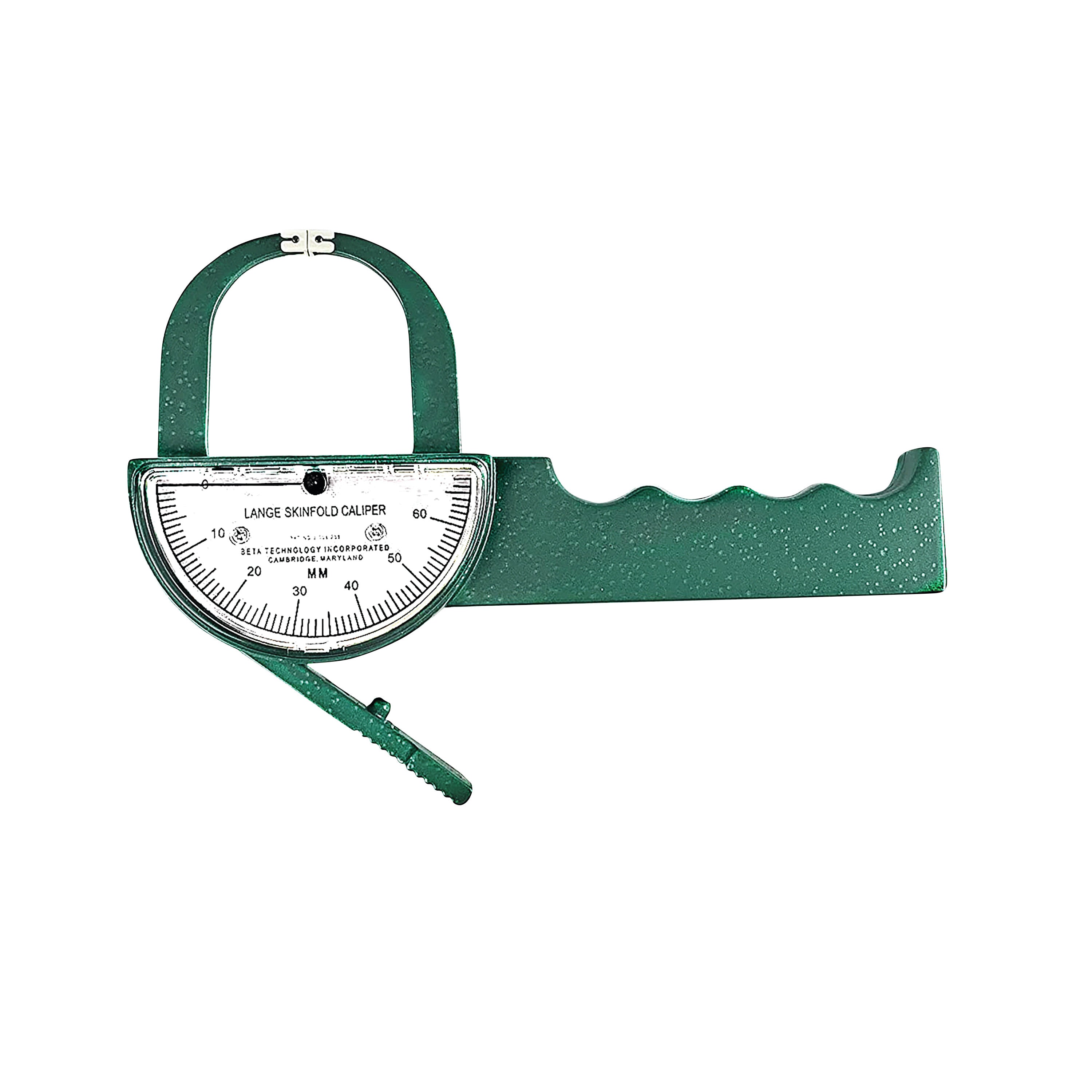 Lange Skinfold Caliper in green with a curved ruler marked in millimeters, used for measuring body fat thickness.