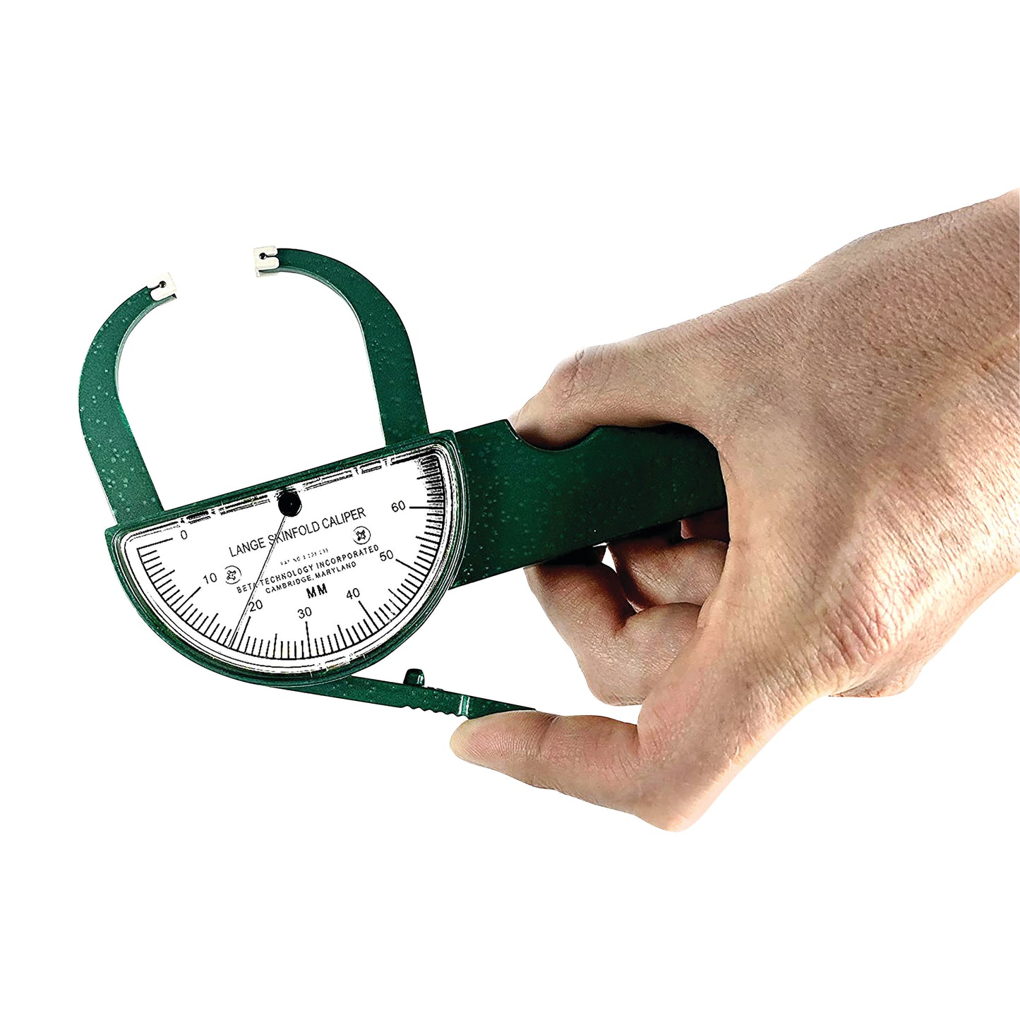 A hand holds a green Lange Skinfold Caliper with a dial displaying measurements in millimeters, used for body fat assessments.
