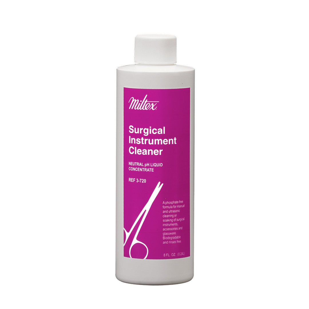 A white bottle displays the Miltex Surgical Instrument Cleaner, with a pink label. The cleaner is a neutral pH liquid concentrate.