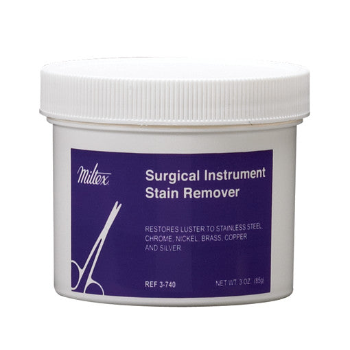 White container of Miltex Surgical Instrument Stain Remover, used to restore luster to metals like stainless steel and brass.