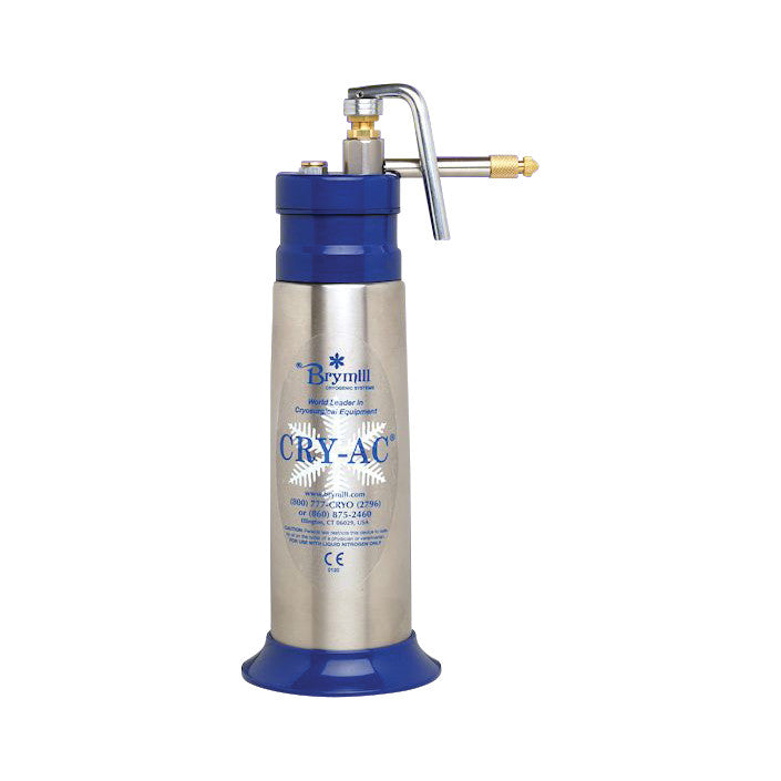 A Cryogun Liquid Nitrogen Spray Instrument with a blue and silver design, featuring a nozzle and handle on top.