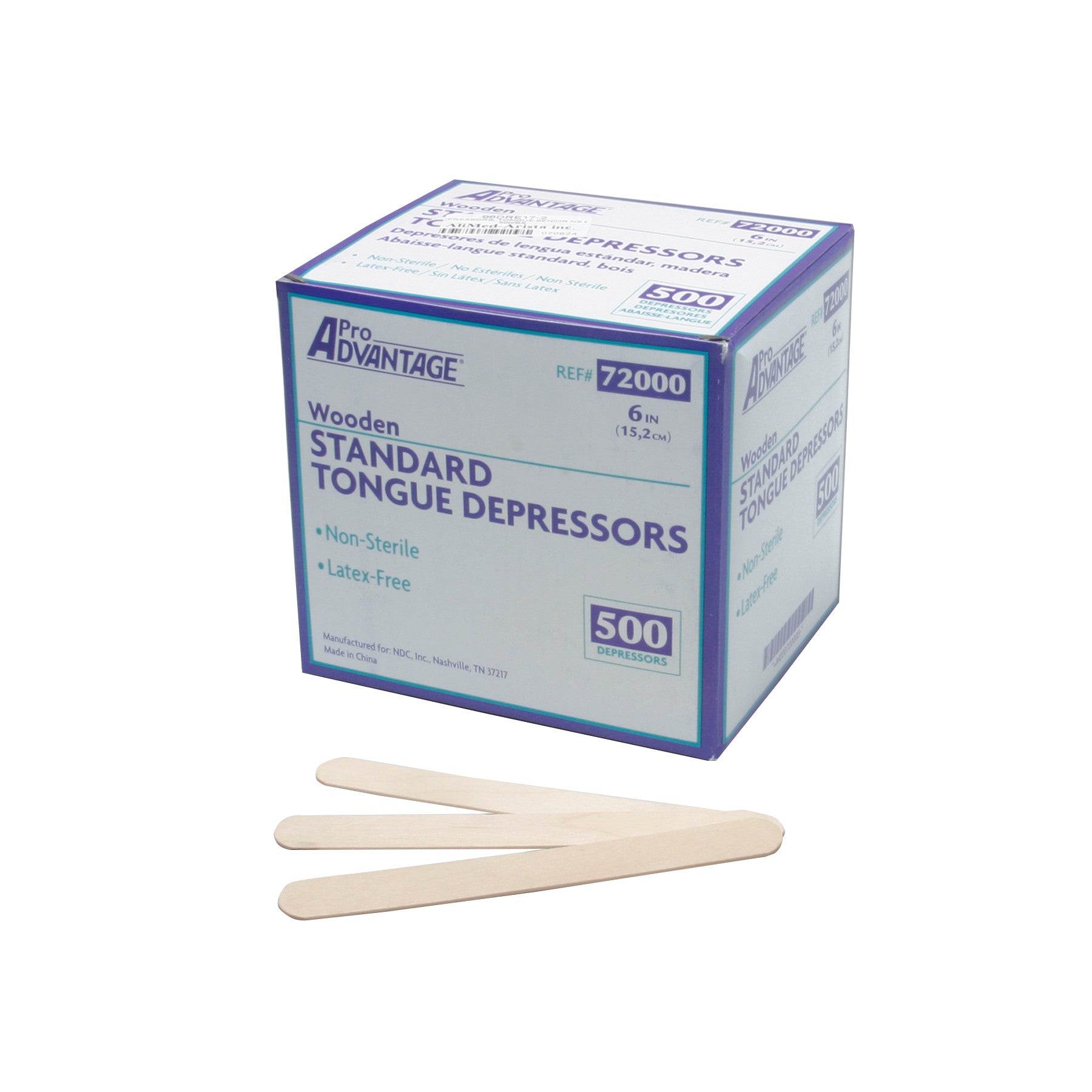 Box of Pro Advantage Wooden Standard Tongue Depressors, 500 count, non-sterile, latex-free, with three depressors displayed.